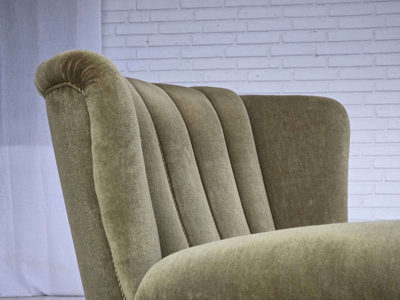1960s, Danish Relax Armchair, Original Green Furniture Velour, Beech Wood. photo 1570.0