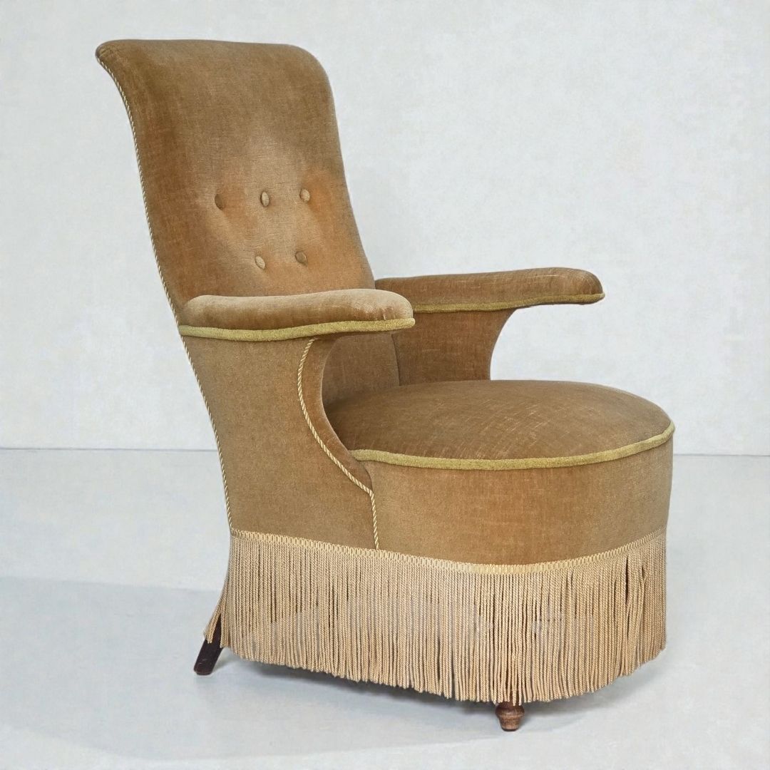 1950s, Danish Armchair, Furniture Velour, Ash Wood Legs.