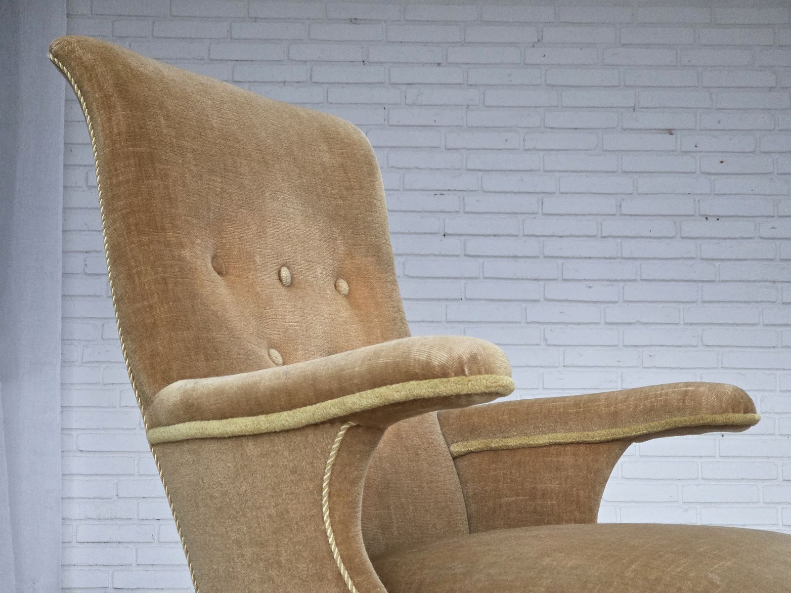 1950s, Danish Armchair, Furniture Velour, Ash Wood Legs. photo for sale