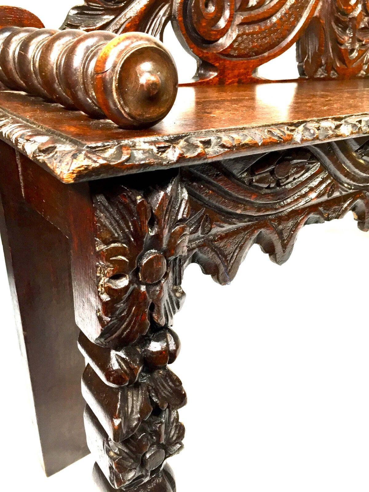 Antique Oak Carved 19th Century Green Man Window Seat / Bench / Gothic Revival photo vintage