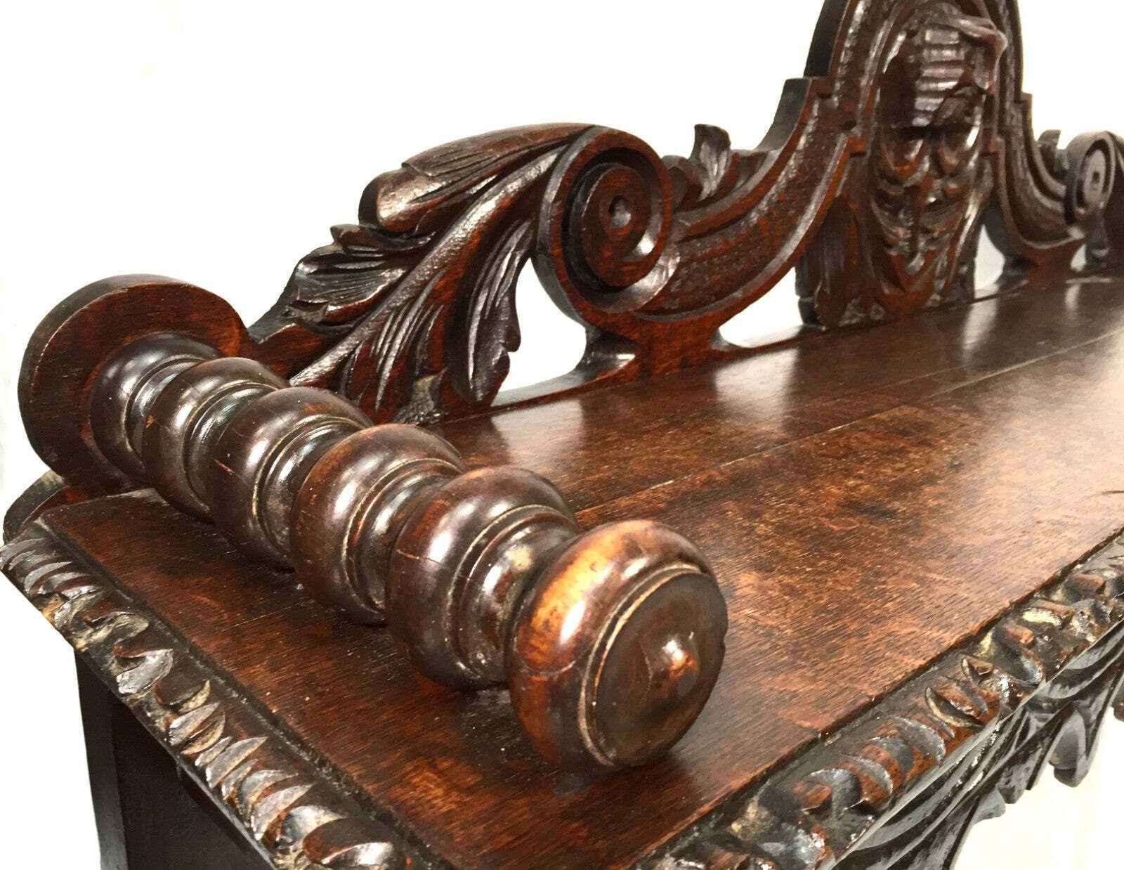 photo for sale Antique Oak Carved 19th Century Green Man Window Seat / Bench / Gothic Revival