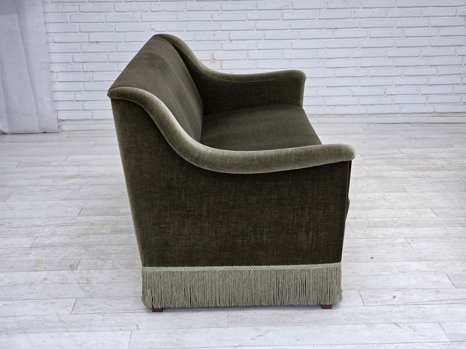 1970s, Danish 3 Seater Sofa, Green Furniture Velour, Beech Wood. photo vintage