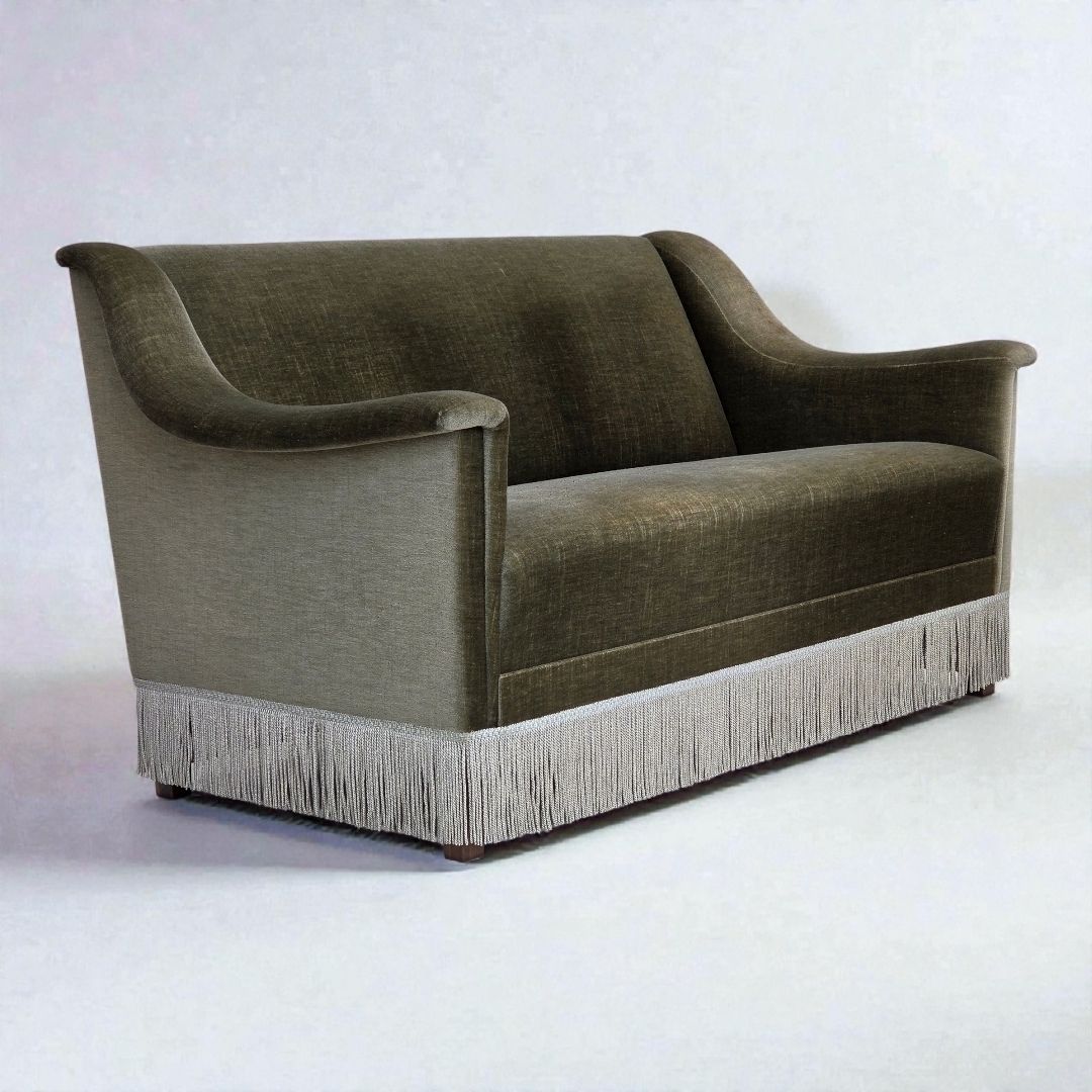 1970s, Danish 2 Seater Sofa, Green Furniture Velour, Beech Wood.