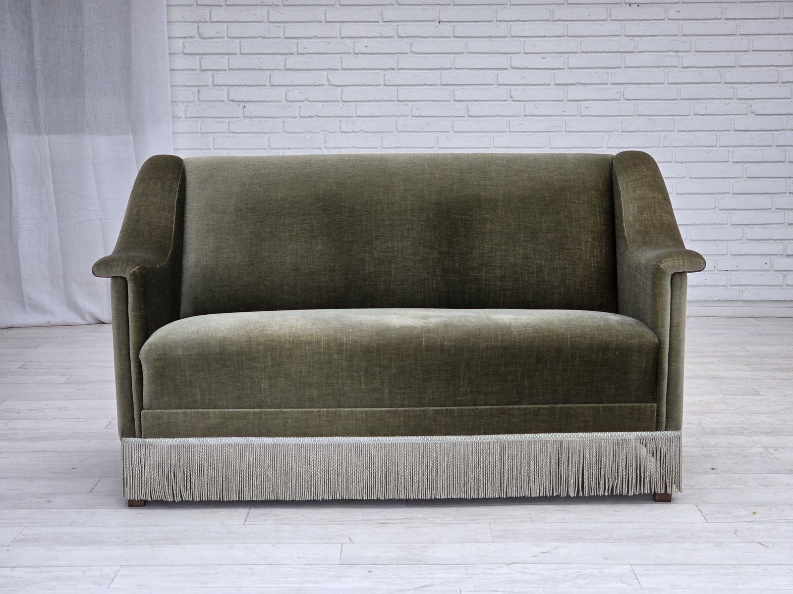 1970s, Danish 2 Seater Sofa, Green Furniture Velour, Beech Wood. photo furniture