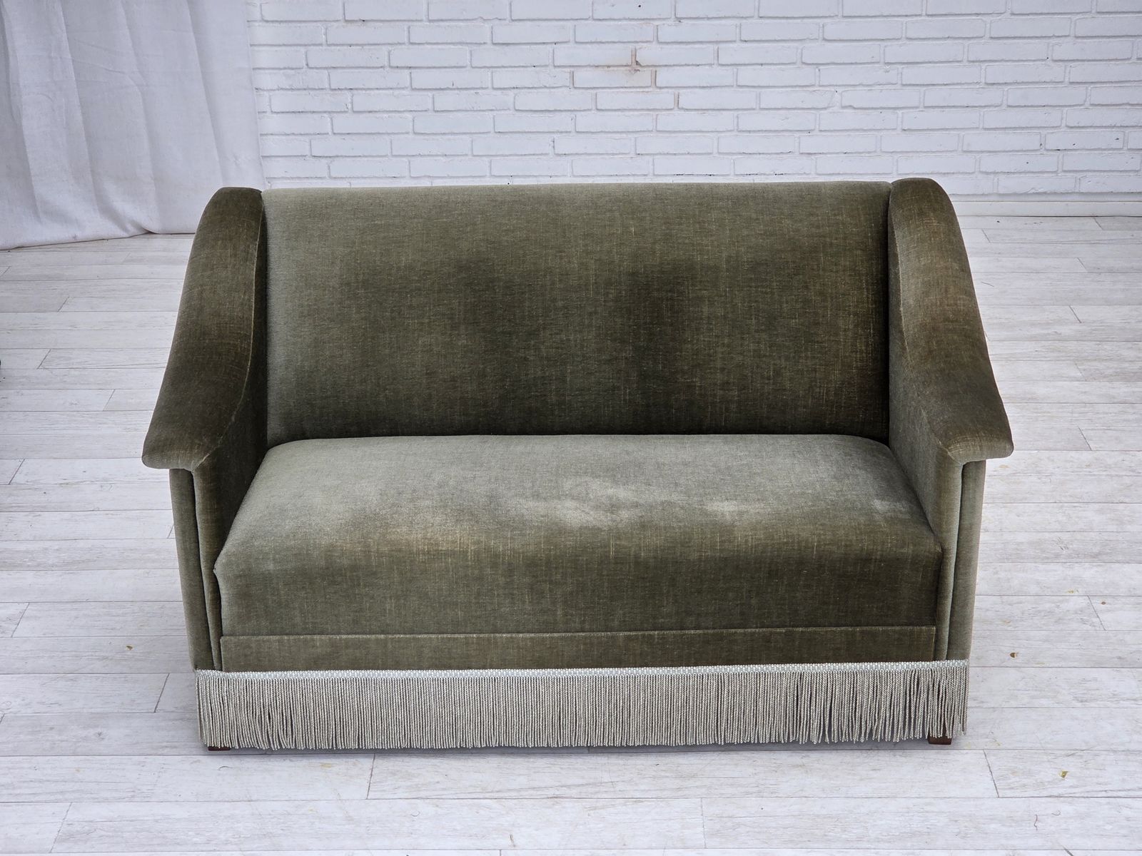 1970s, Danish 2 Seater Sofa, Green Furniture Velour, Beech Wood. photo for sale