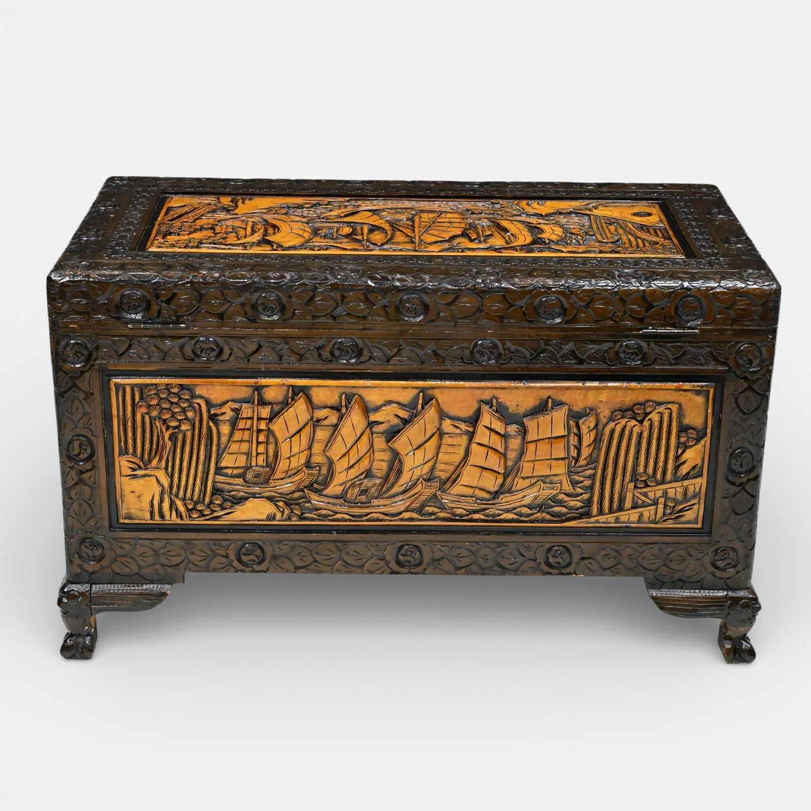 Chinese Carved Chest Camphor Wood Fine Carvings H60cm X W104cm X D56cm photo 627.0