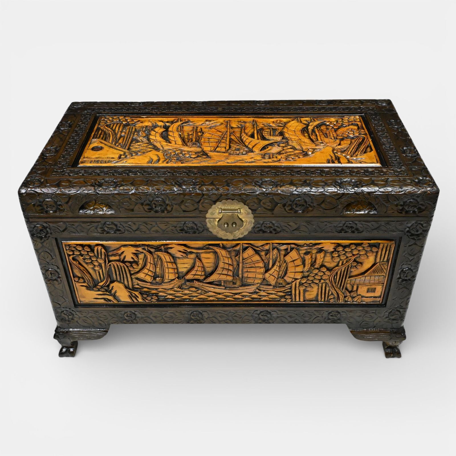 photo furniture Chinese Carved Chest Camphor Wood Fine Carvings H60cm X W104cm X D56cm