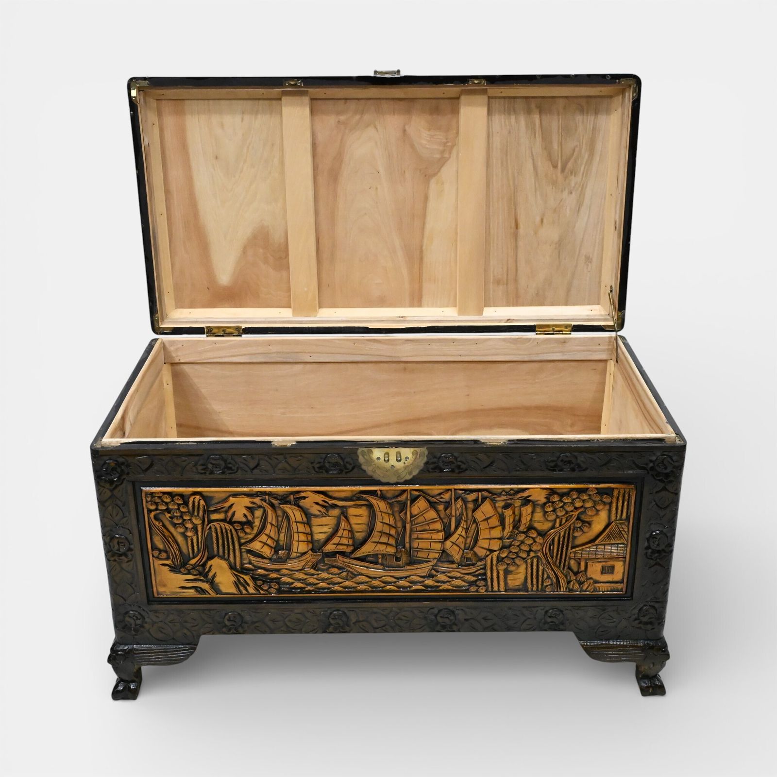 photo for sale Chinese Carved Chest Camphor Wood Fine Carvings H60cm X W104cm X D56cm