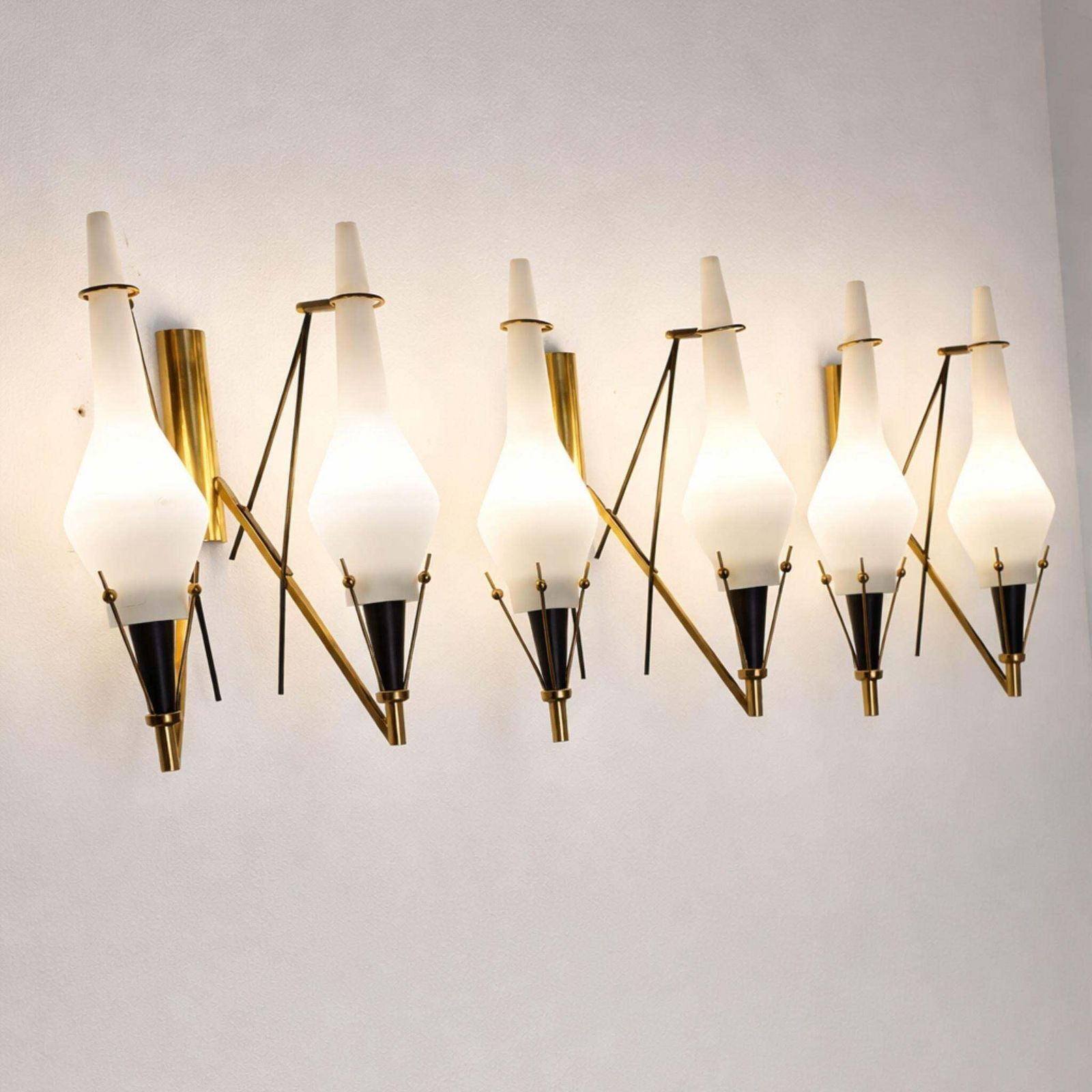 Set Of Three Brass And Opaline Glass Wall Sconces In The Style Of Stilnovo, 1960 photo vinterior