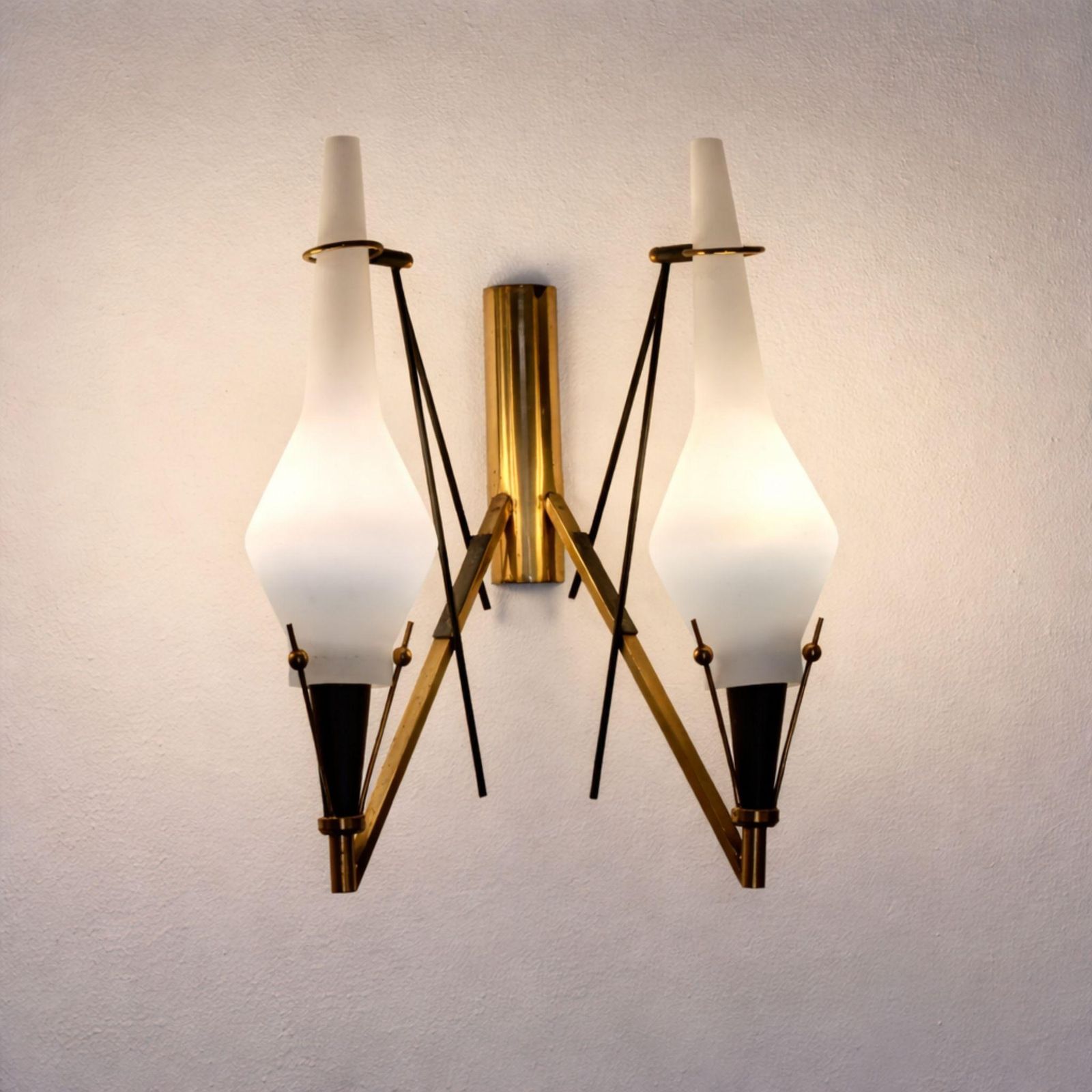Set Of Three Brass And Opaline Glass Wall Sconces In The Style Of Stilnovo, 1960 photo buy