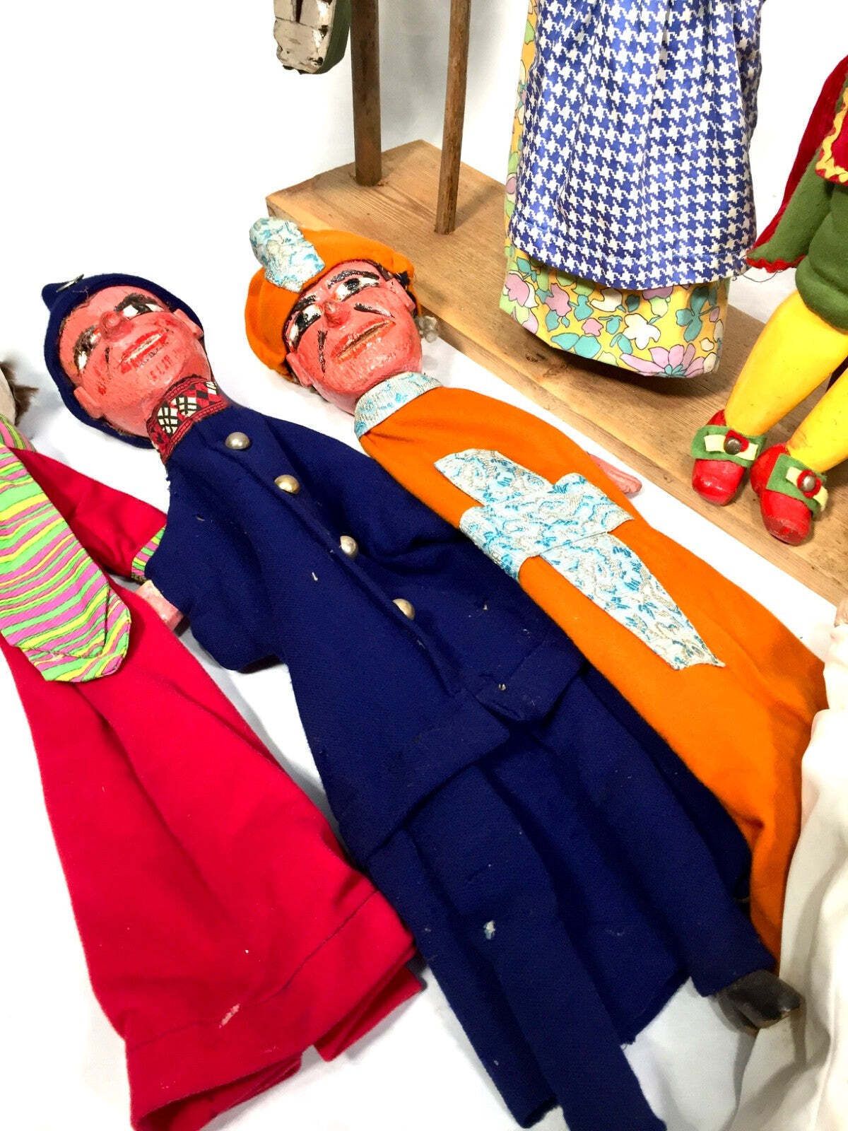 photo furniture Antique Set Of Punch & Judy Character Hand Puppets By Wal Kent On Display Stand