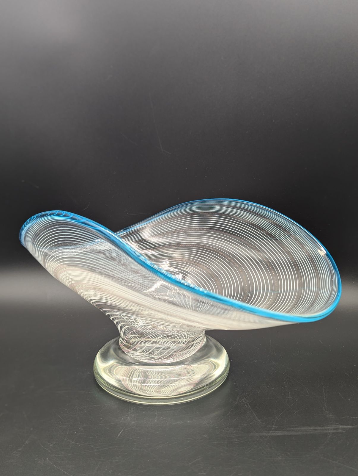 Murano Aventurine Glass Pedestal Bowl With Turquoise Rim, Italy C.1950s–60s