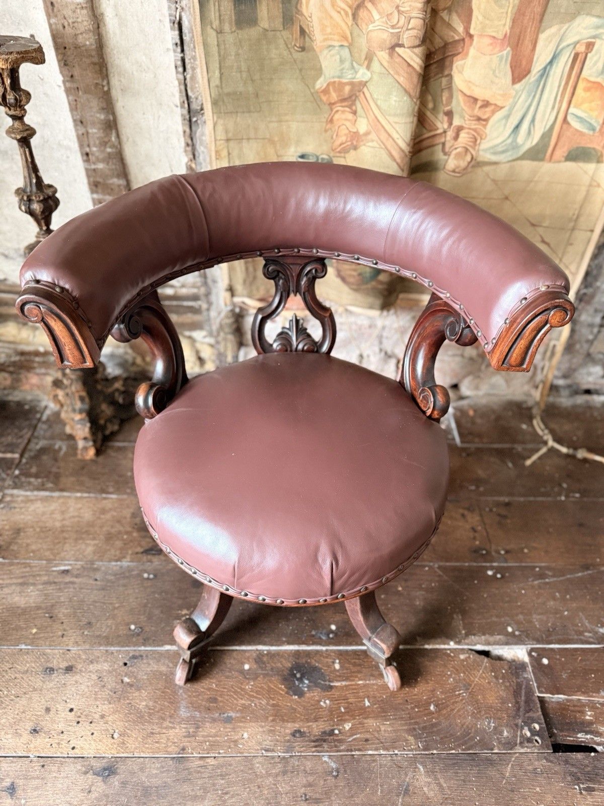 Antique Mahogany Brown Leather Victorian Office Desk Horseshoe Chair 1880c photo vintage