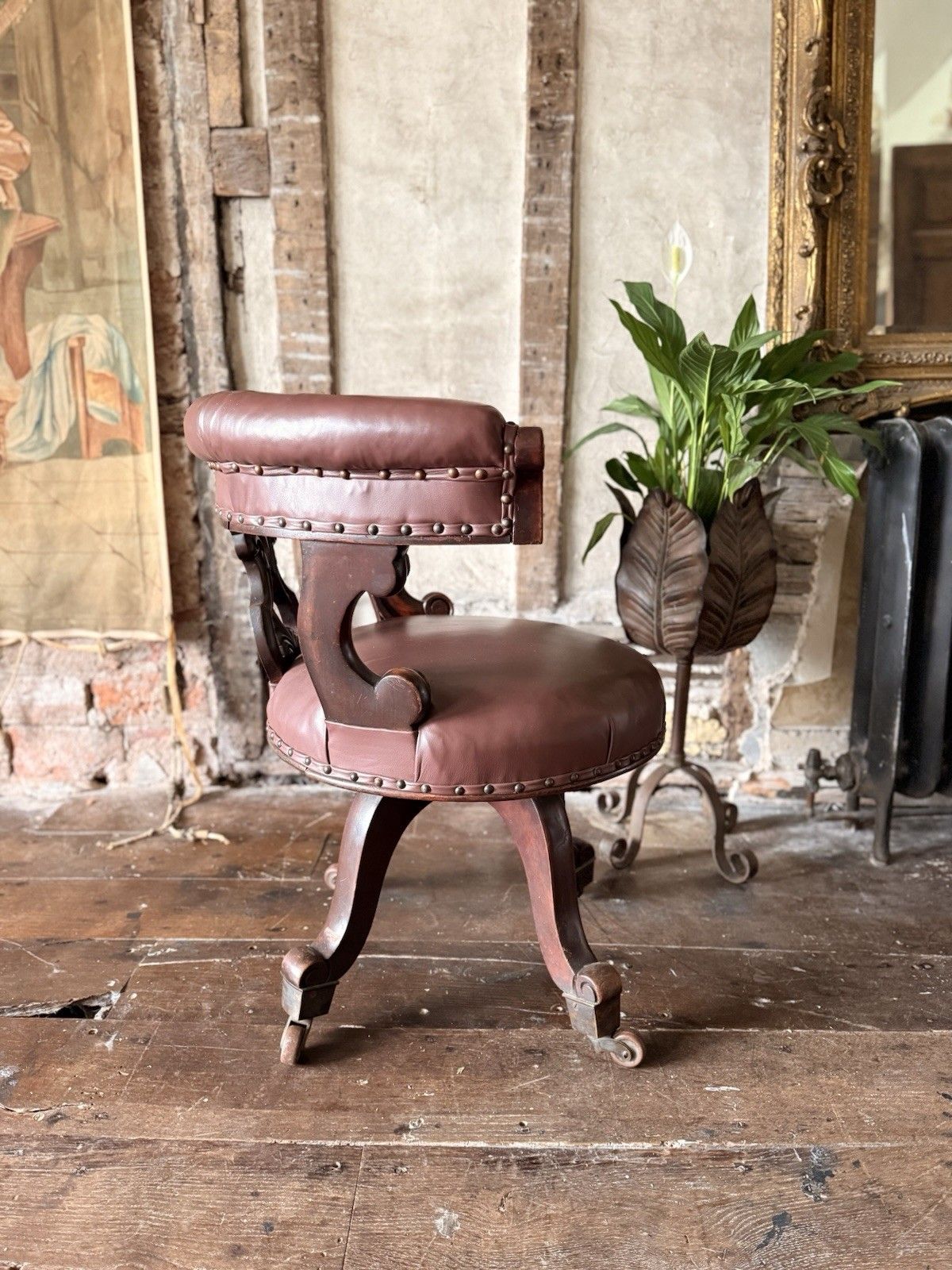 photo for sale Antique Mahogany Brown Leather Victorian Office Desk Horseshoe Chair 1880c