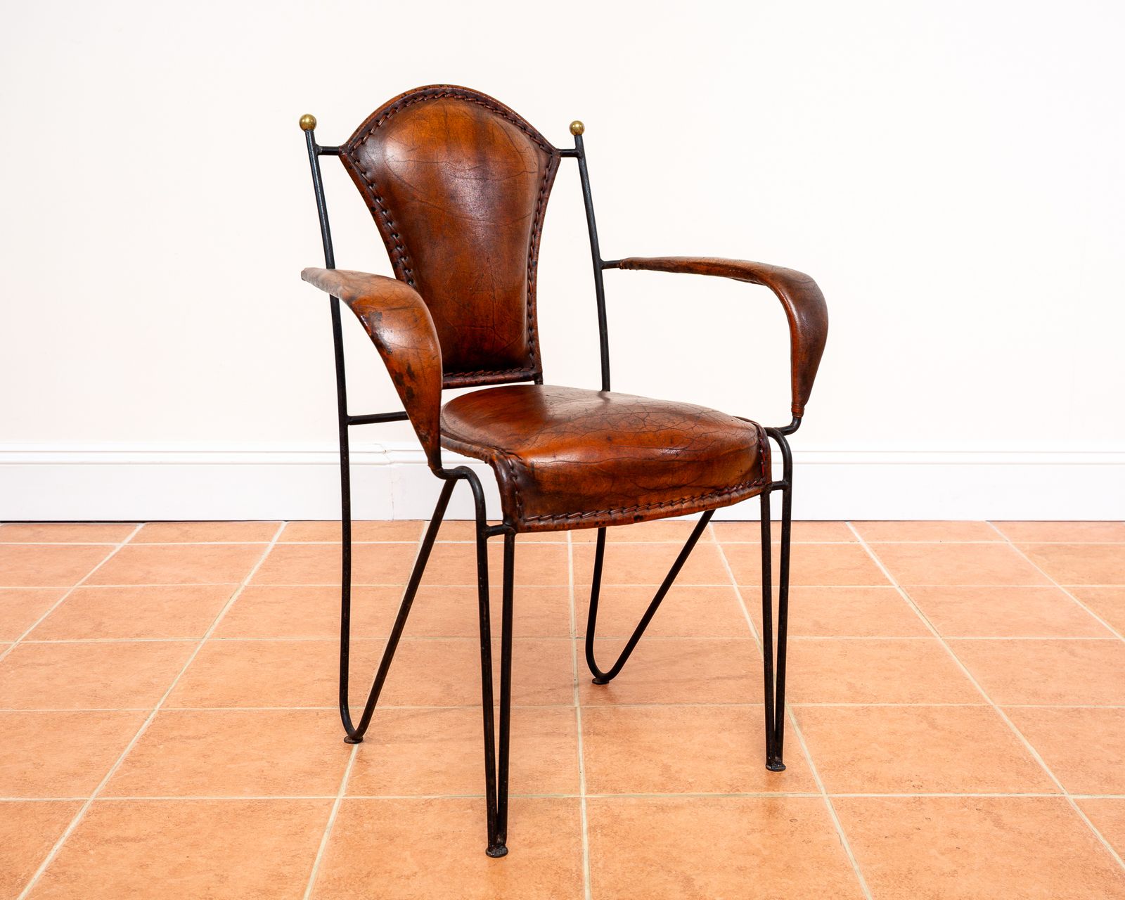 Single Armchair Iron Leather Artisan Jacques Adnet Chairs Brass 1950s Mcm French M.Odernist Bauhaus Modernism Stitched Leather Sculptural Machinisme photo Furniture