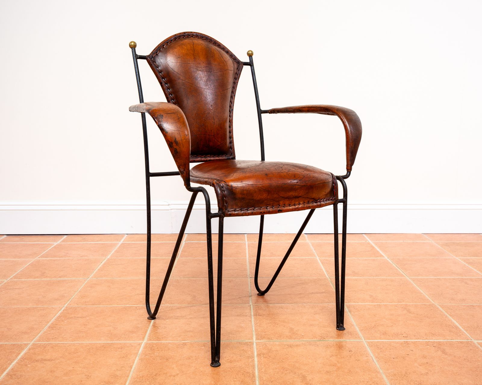 Single Armchair Iron Leather Artisan Jacques Adnet Chairs Brass 1950s Mcm French M.Odernist Bauhaus Modernism Stitched Leather Sculptural Machinisme