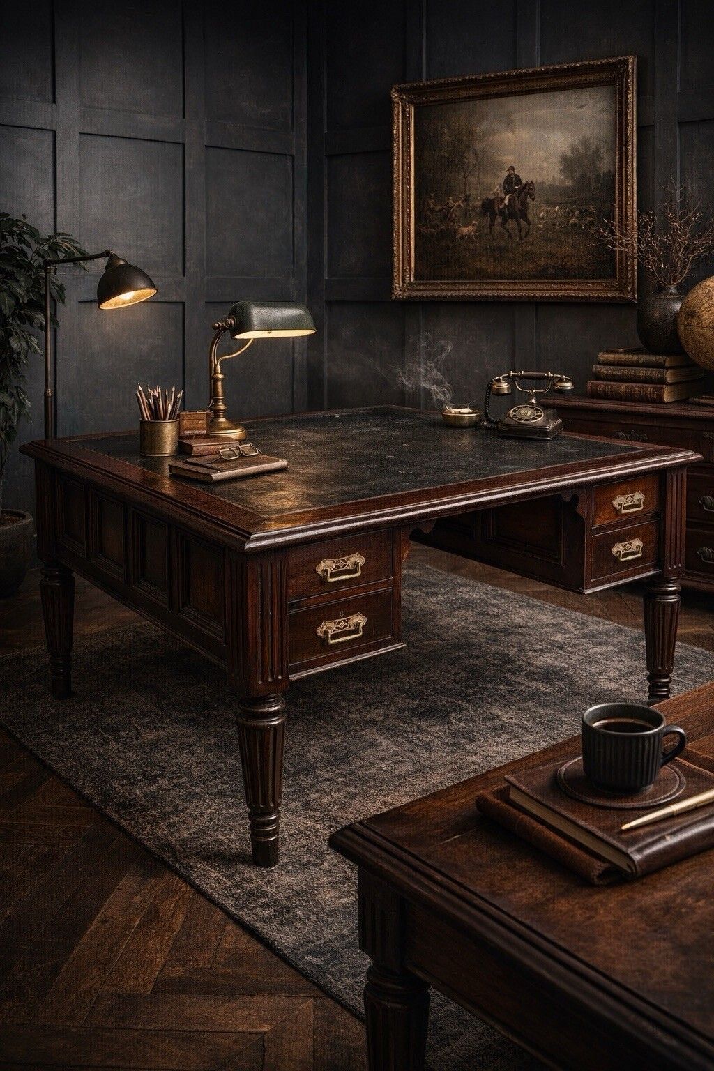 photo vinterior Antique Mahogany Partners Desk – Leather Top, Drawers Both Sides / Office Study