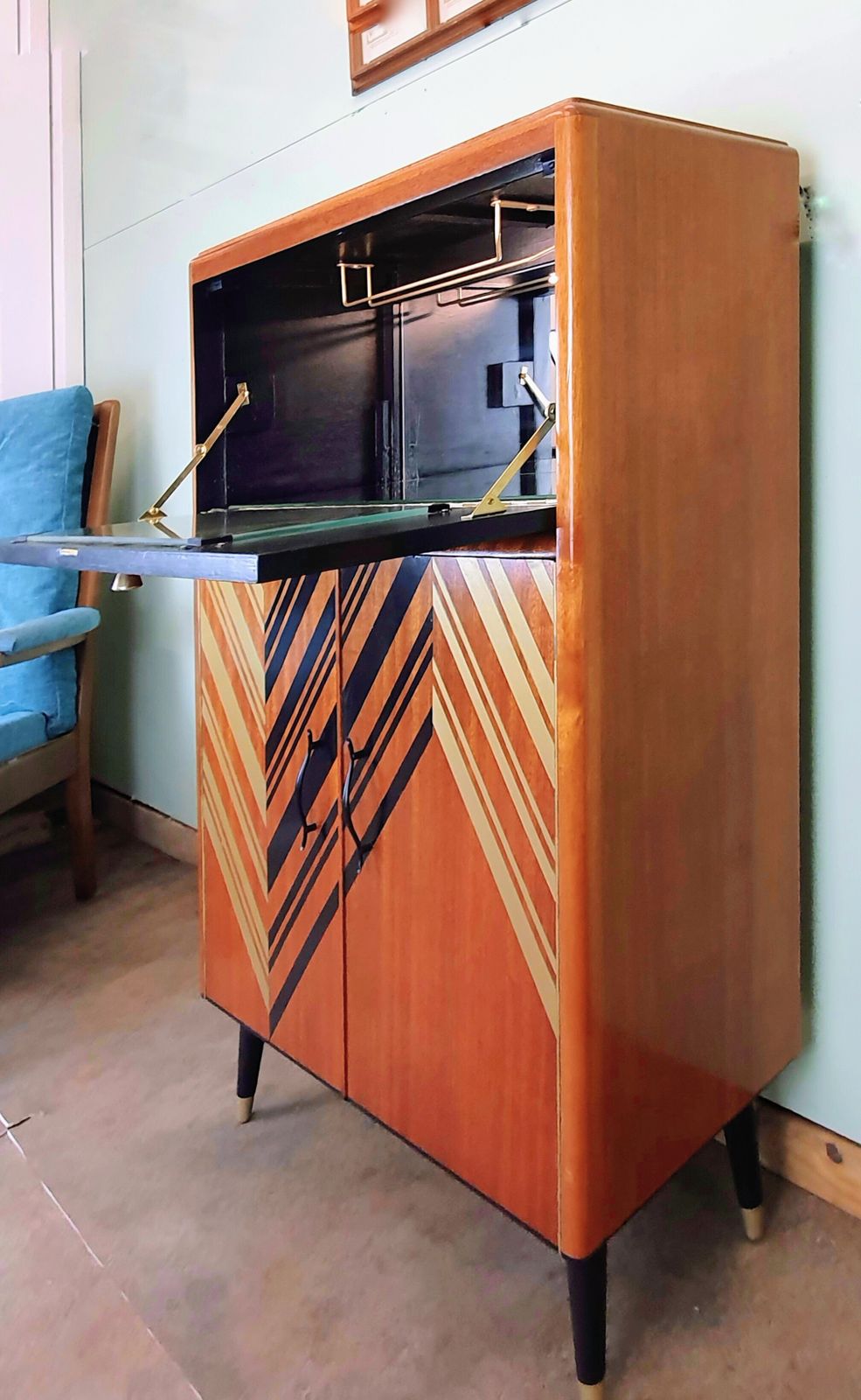 Mid Century Modern Drinks Cabinet With Black & Gold Geometric Design photo for sale