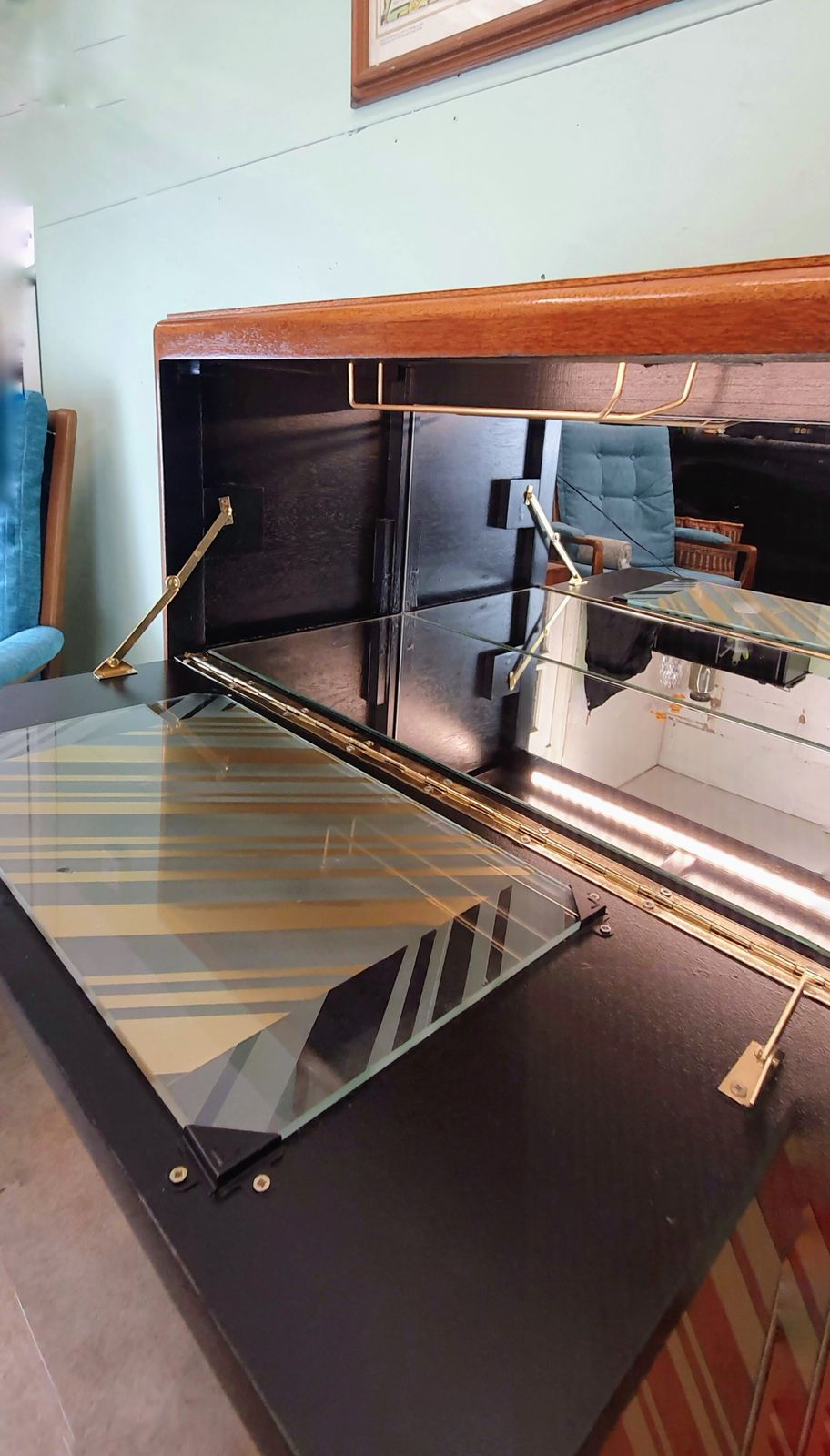 Mid Century Modern Drinks Cabinet With Black & Gold Geometric Design photo buy