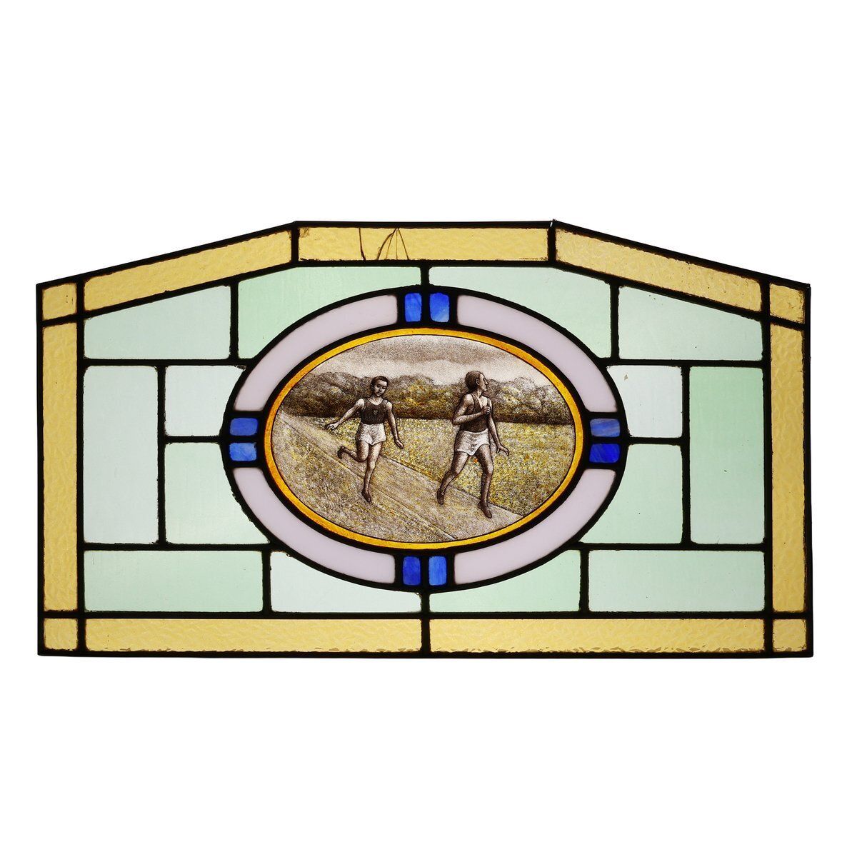 Art Deco Stained Glass Panel Depicting Runners In Motion, Belgium, 1910s