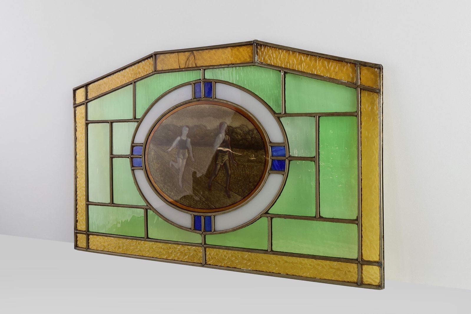 Art Deco Stained Glass Panel Depicting Runners In Motion, Belgium, 1910s photo vinterior