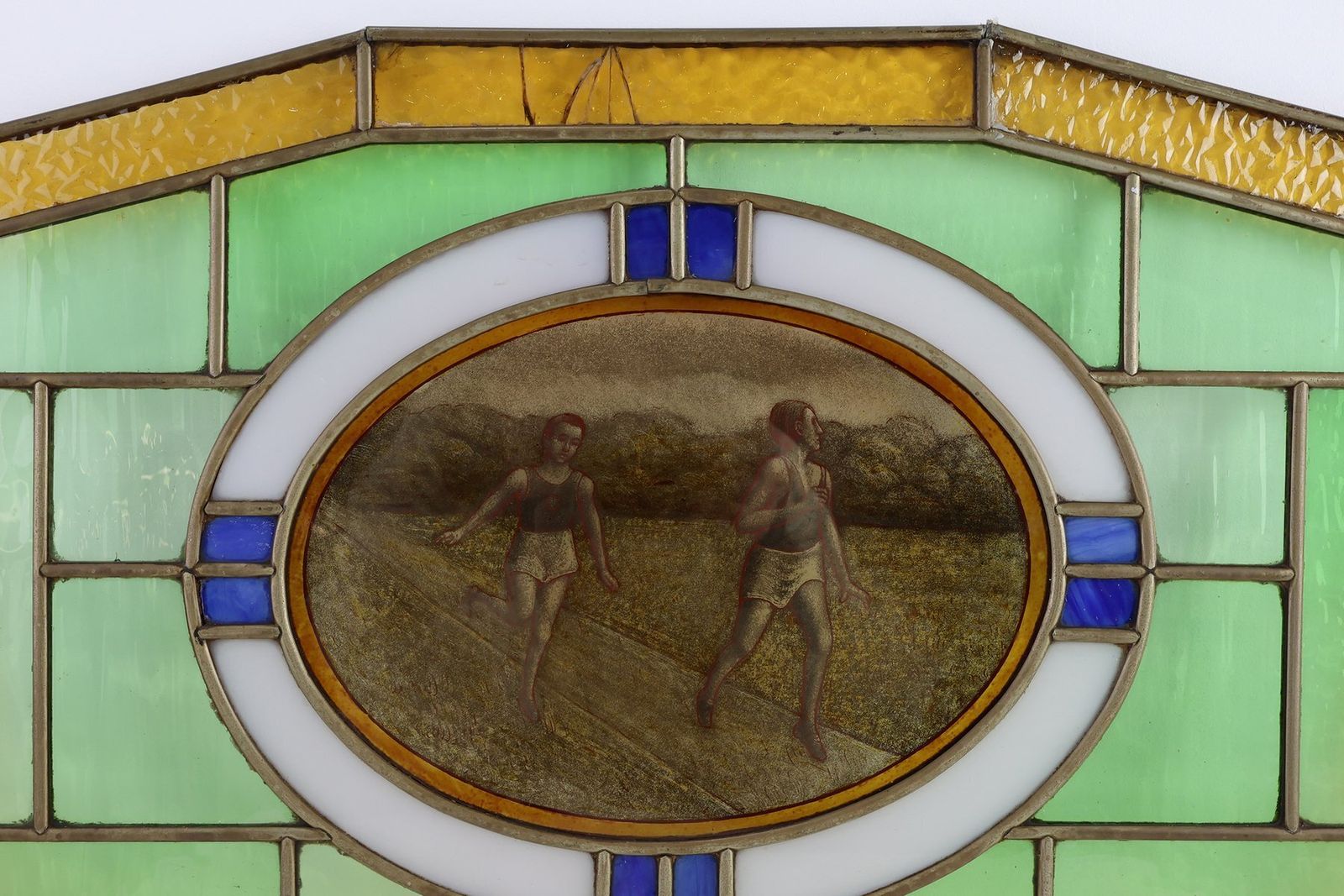 Art Deco Stained Glass Panel Depicting Runners In Motion, Belgium, 1910s photo vintage