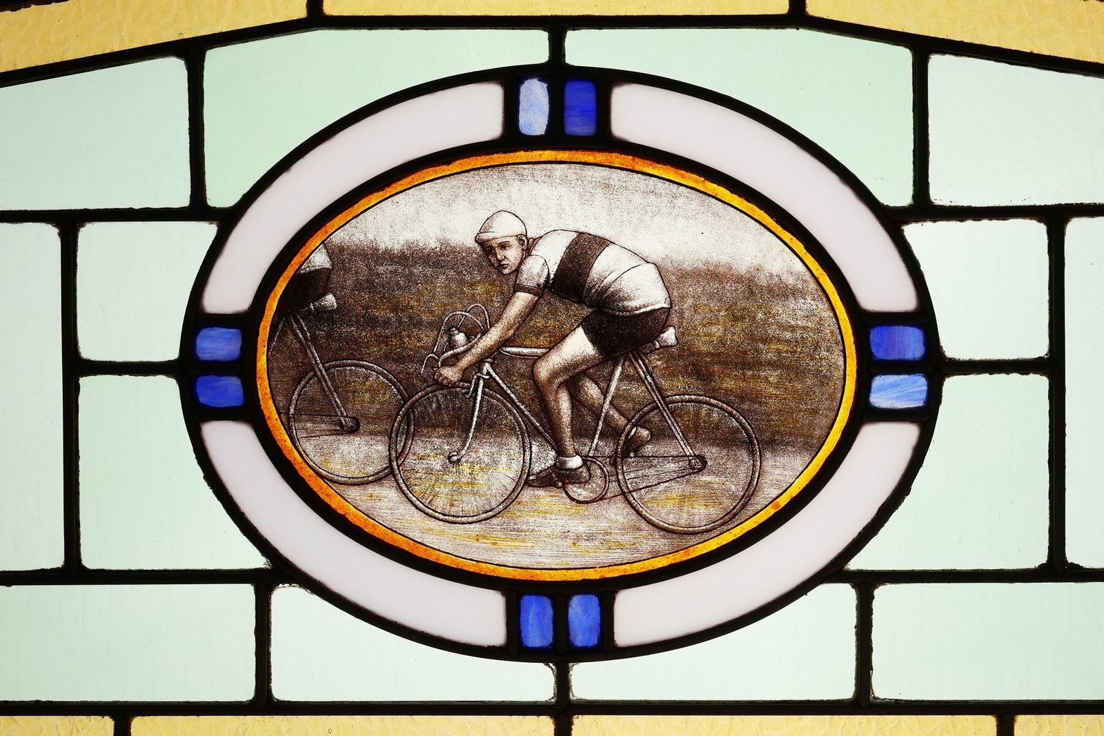Art Deco Stained Glass Panel Depicting Cyclists In Motion, Belgium, 1910s photo furniture