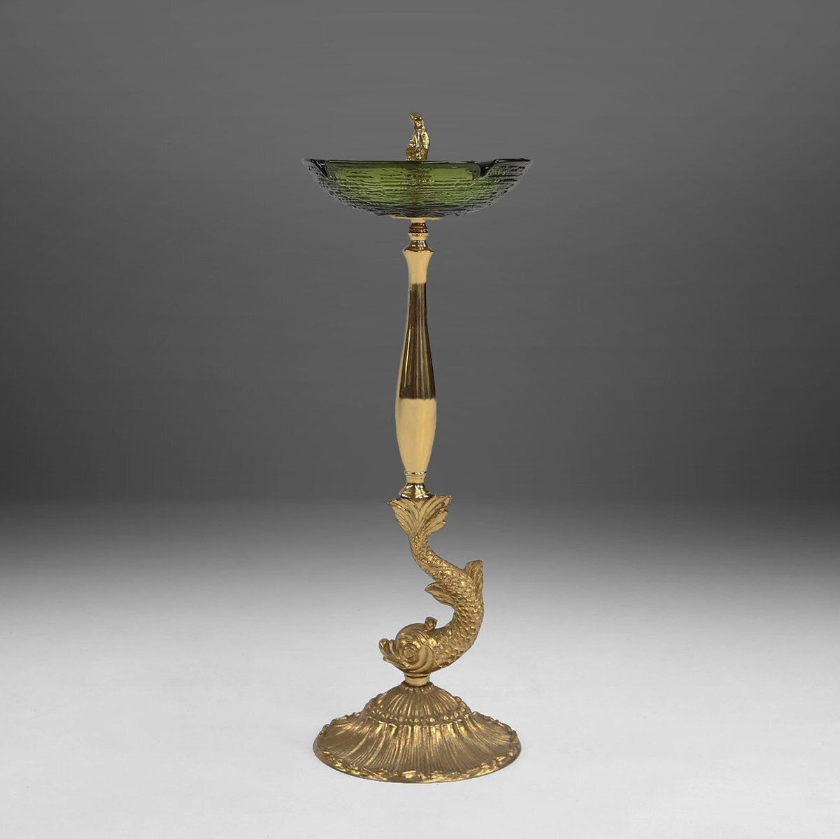Sculptural Green Glass And Metal Ashtray With Fish And Eagle Motifs, Belgium, 1970s