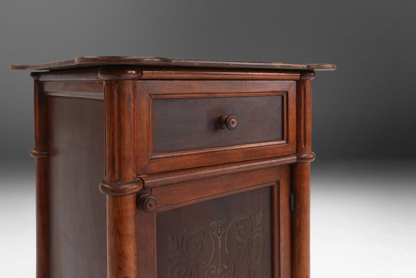 Art Deco Sculptural Nightstand In Dark Stained Wood, Belgium, 1930s photo furniture