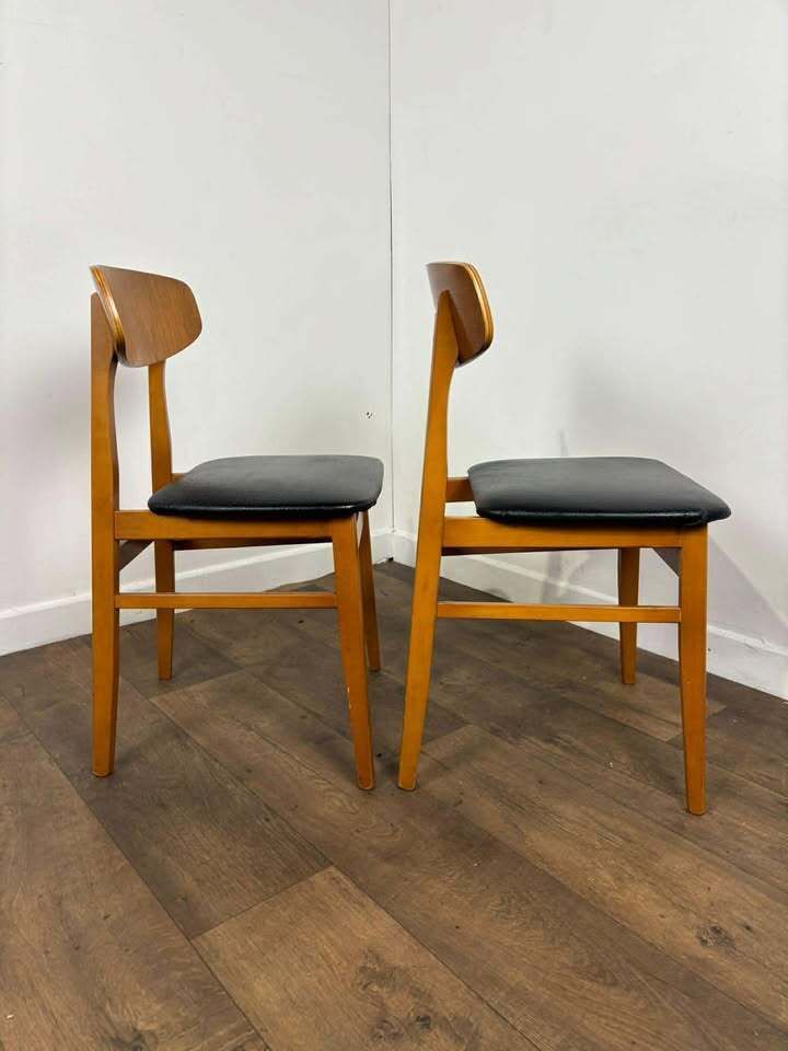 Pair Of Mid Century Teak Chairs With Black Upholstery photo furniture