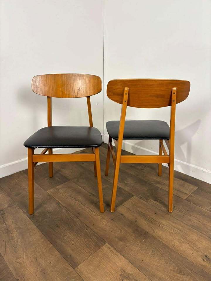 Pair Of Mid Century Teak Chairs With Black Upholstery photo 229.0
