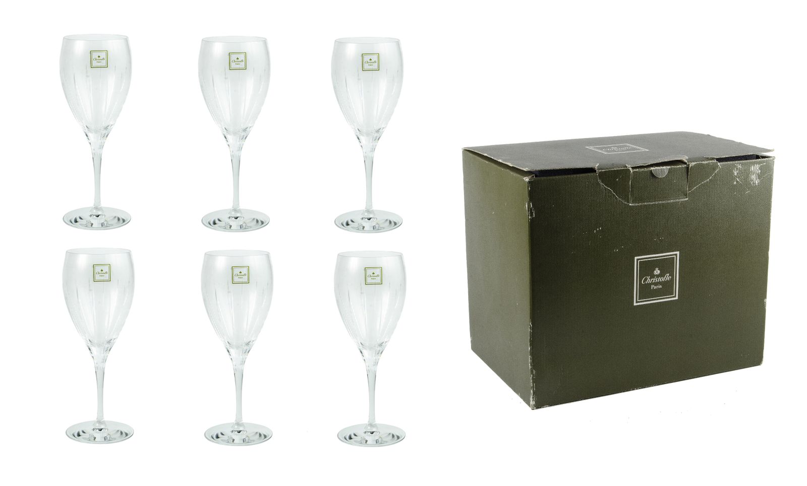 Set Of Six 1990s Blown Crystal White Wine Glasses From The 'Iriana' Collection With Box By Christofle, France