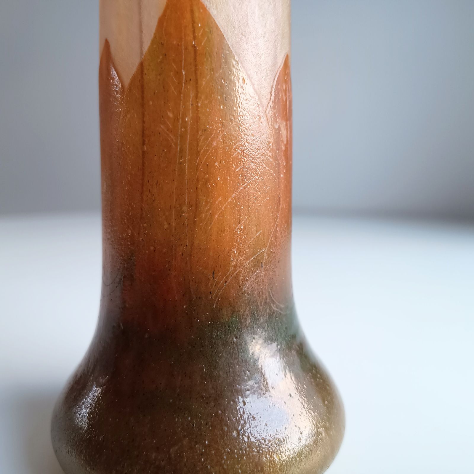 French Art Nouveau Cameo Glass Solifleur Vase, Nancy School C.1900 – Satin Etched, Earth Tones photo vinterior
