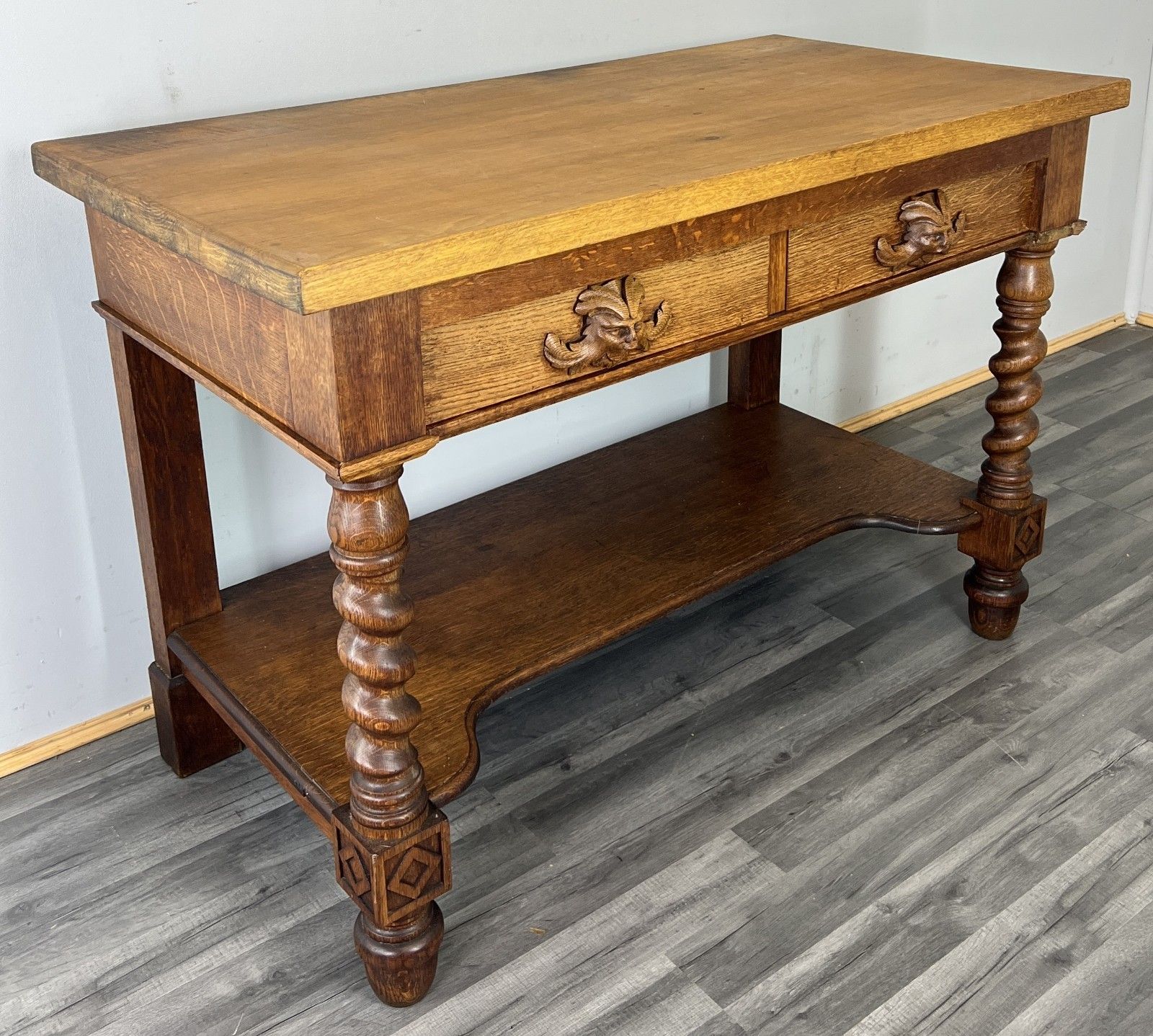 Cabinet Antique French Style Oak Carved Table With Two Drawers Lot 4800 photo for sale