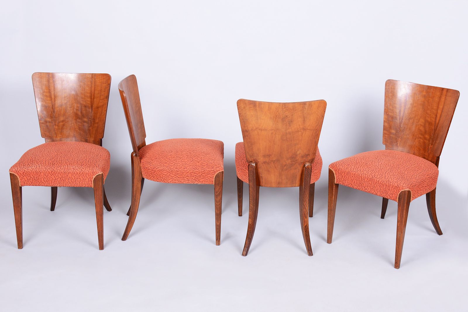 Set Of 4 Original Art Deco Chairs, J. Halabala, Up Zavody, Walnut, Czech, 1940s