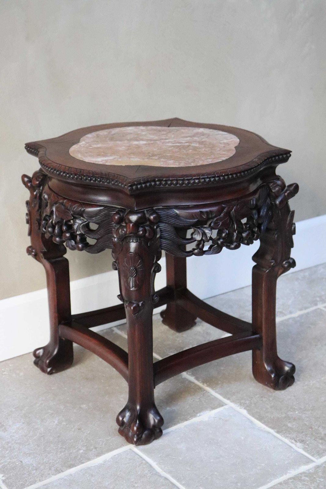 Carved Wood Plant Stand, Marble Top, Asian Style Accent Table (St.275) photo buy