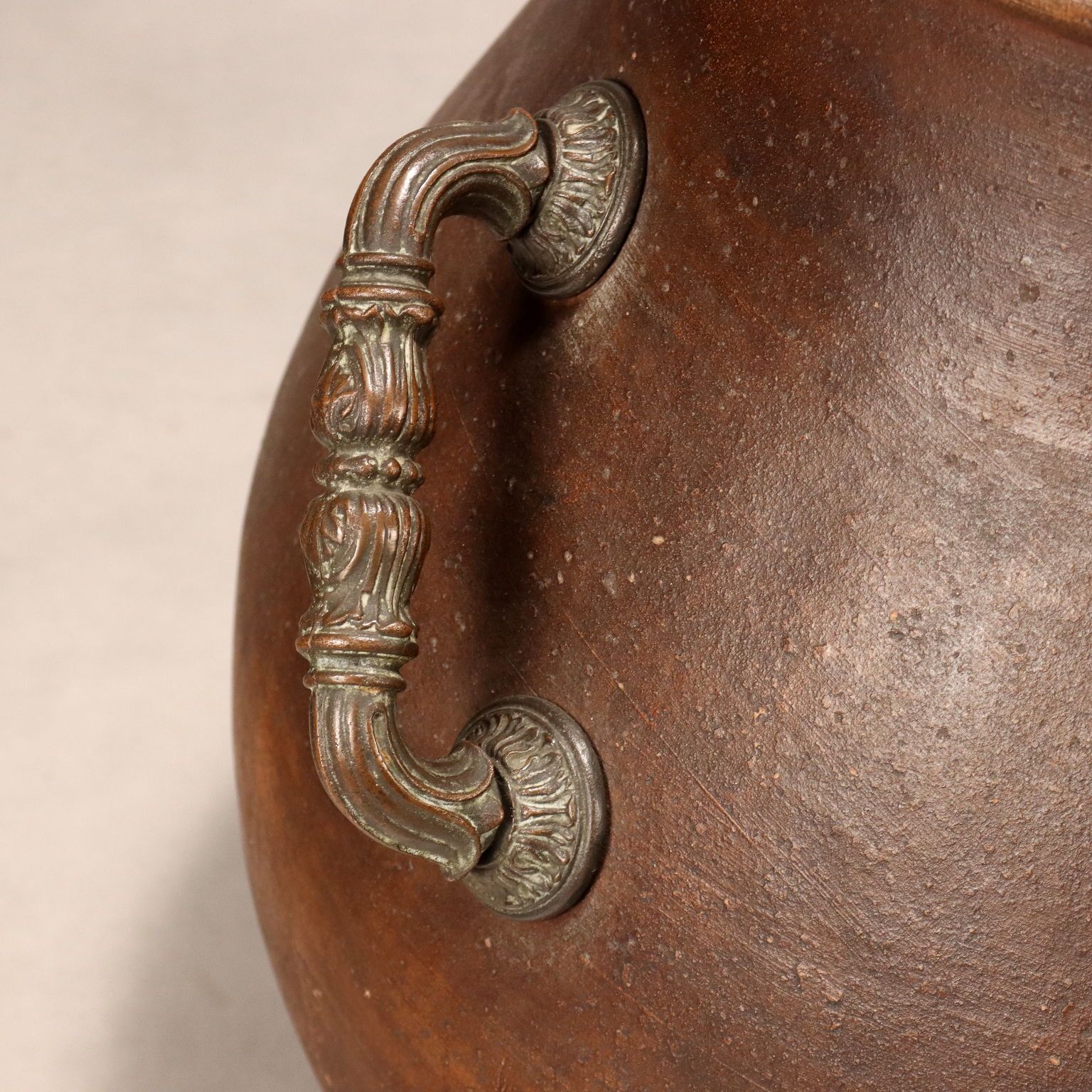 Antique Terracotta Jar Bronze Finished Handles XX Century photo for sale