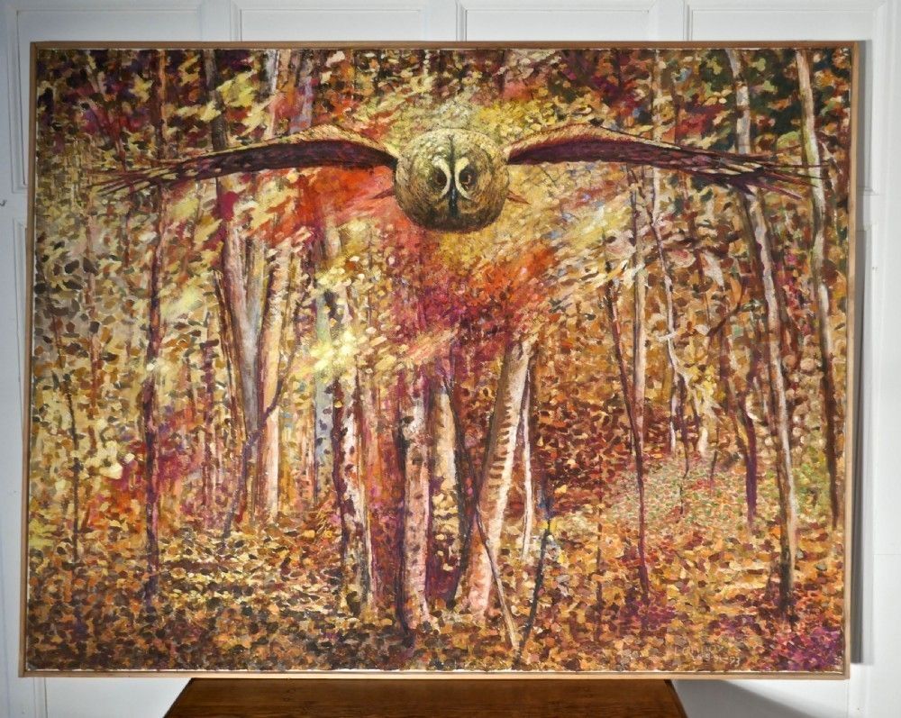 Large Oil/Acrylic On Canvas, Owl Flying Out Of The Woods At Dusk