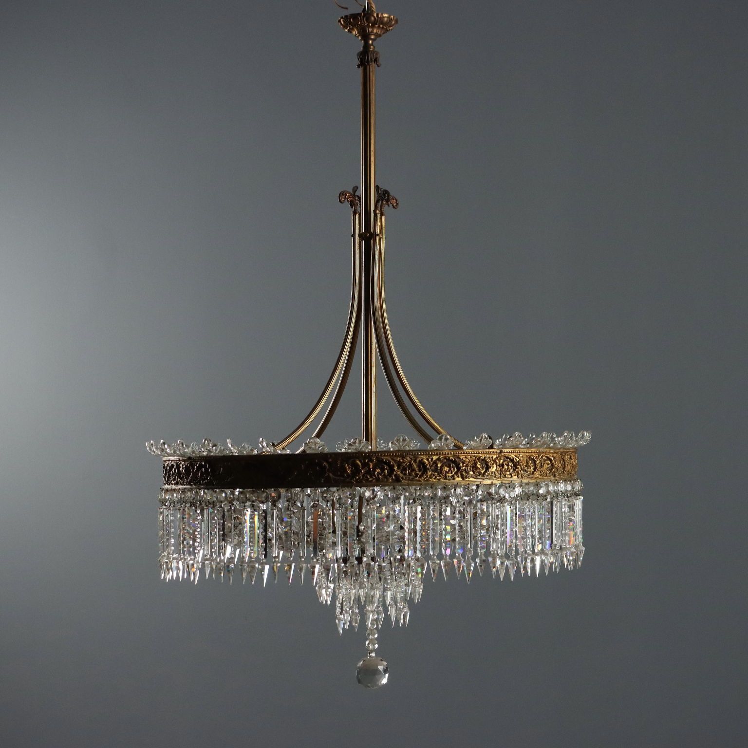 Antique Chandelier Empire Style Gilded Metal Glass XX Century photo for sale