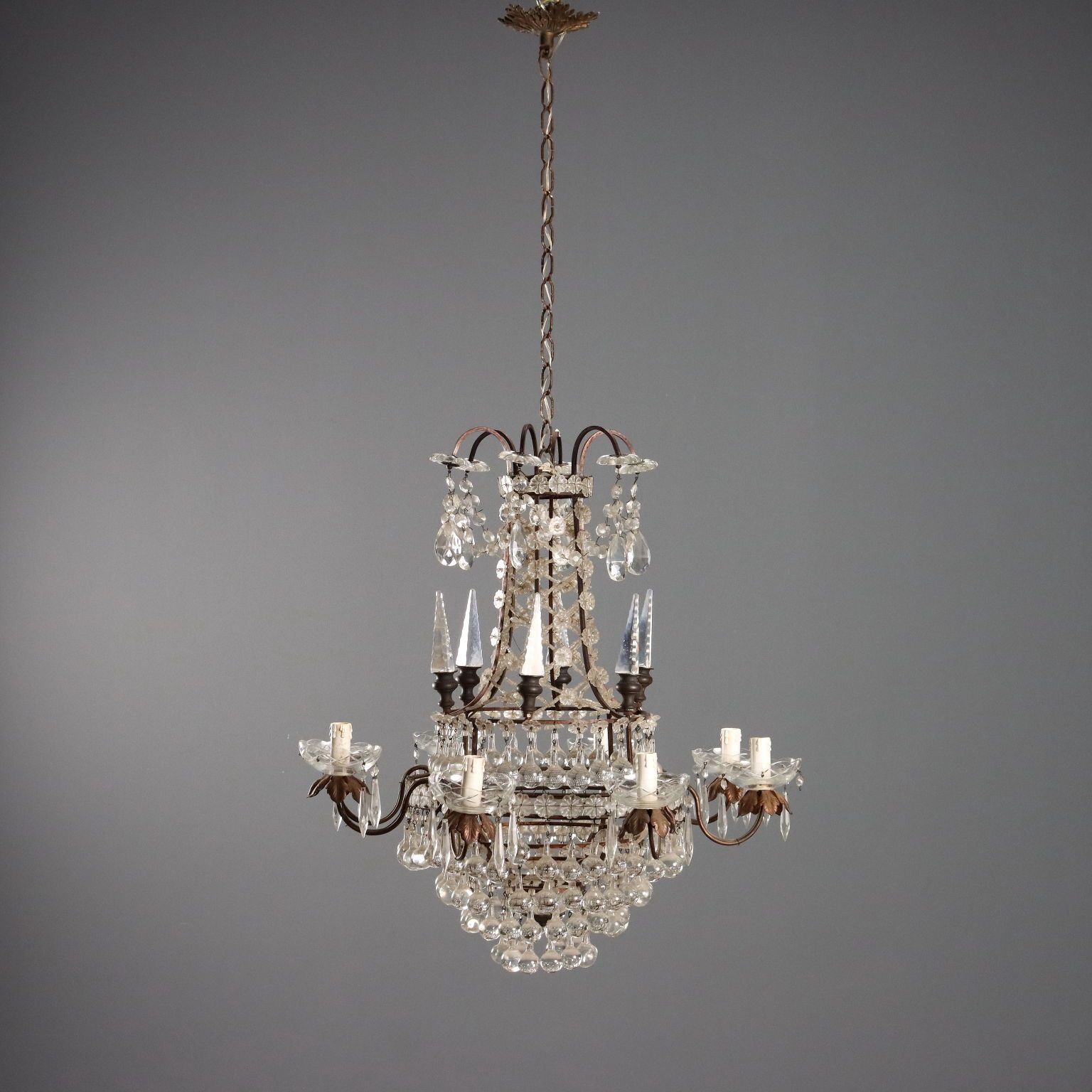 Antique Chandeliers Burnished Metal Glass 8 Lights XX Century photo for sale