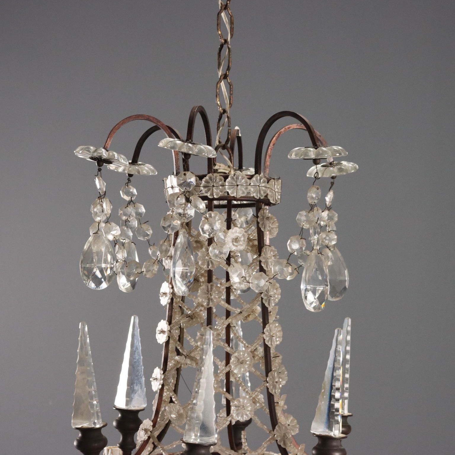 Antique Chandeliers Burnished Metal Glass 8 Lights XX Century photo 2370.0