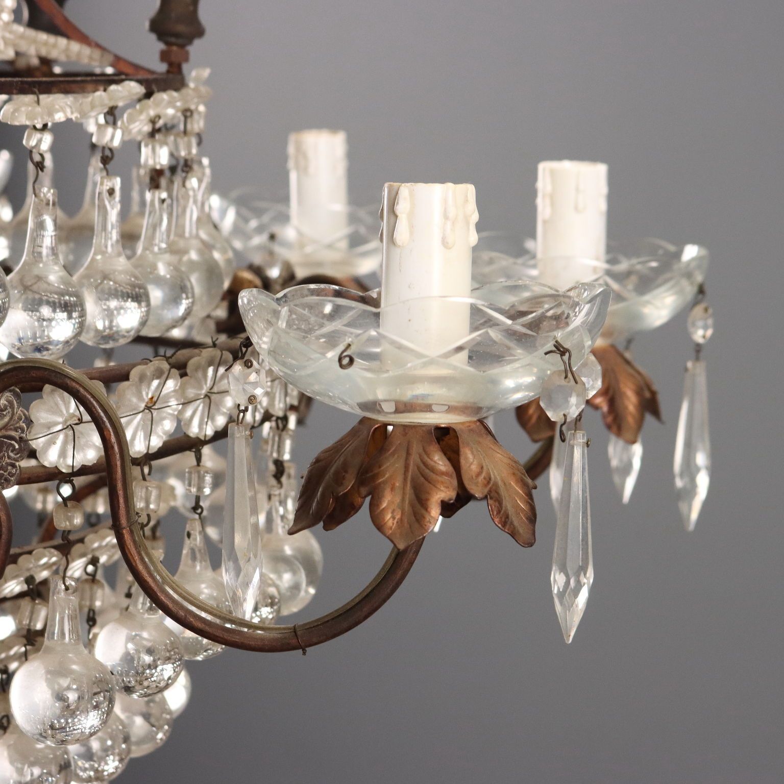 Antique Chandeliers Burnished Metal Glass 8 Lights XX Century photo vintage