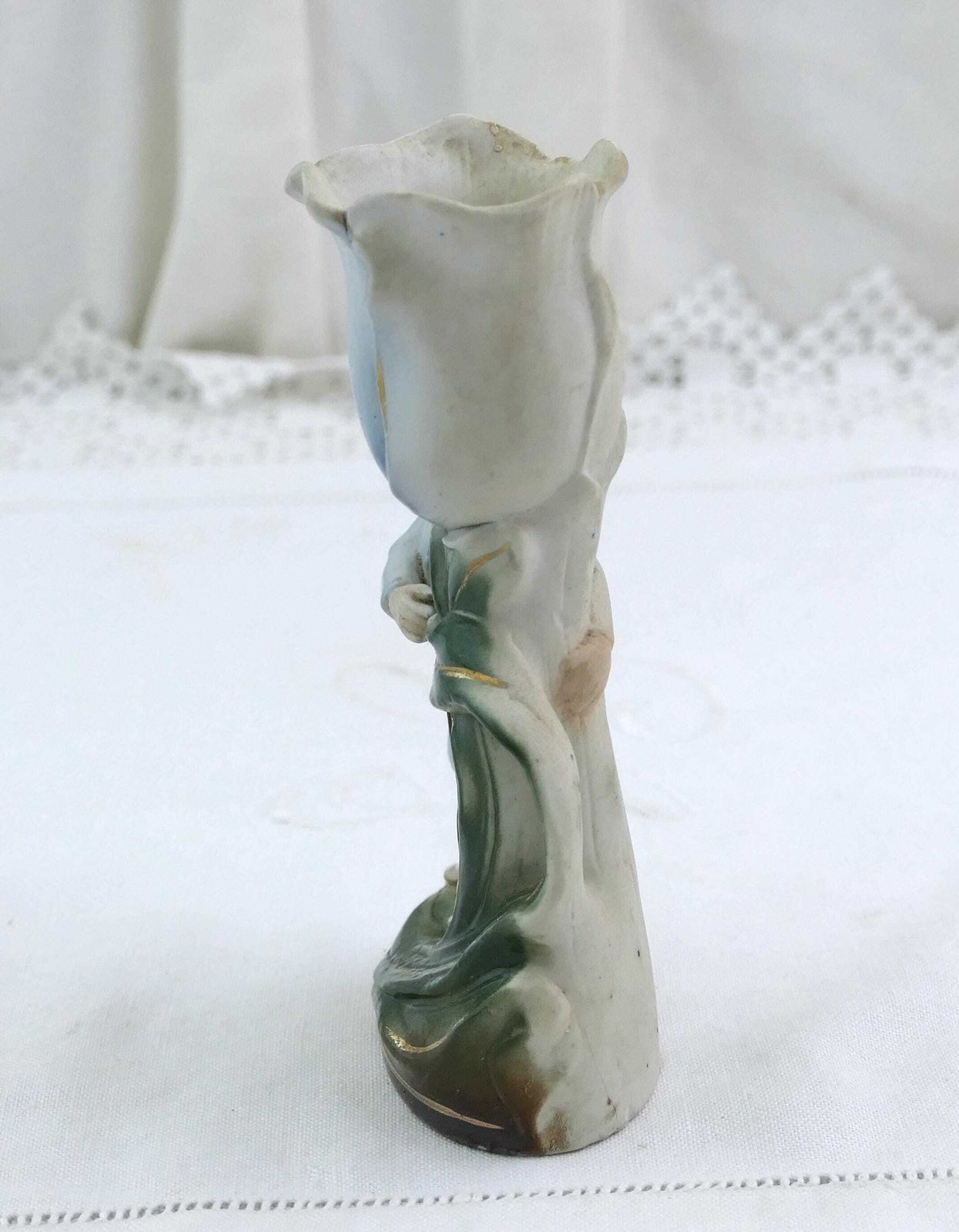 Antique German Bisque Porcelain China Figurine Boy With Large Tulip Flower Vase #2189, Retro Late Victorian Ceramic Collectible Germany photo Home Decor