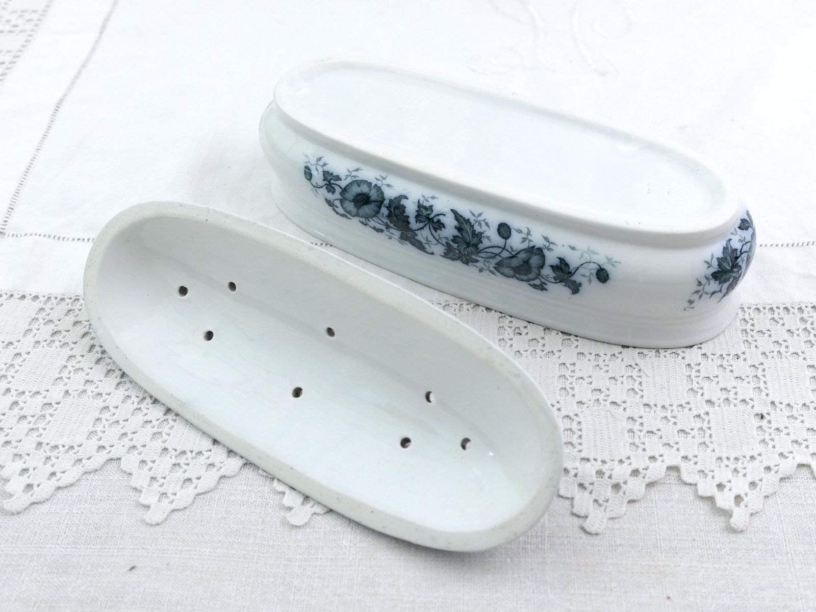 Antique French White China Toothbrush Holder With Blue Poppy Flower Pattern, Retro Razor Bathroom Pottery Box From France, Upcycled Pencil photo Home Decor