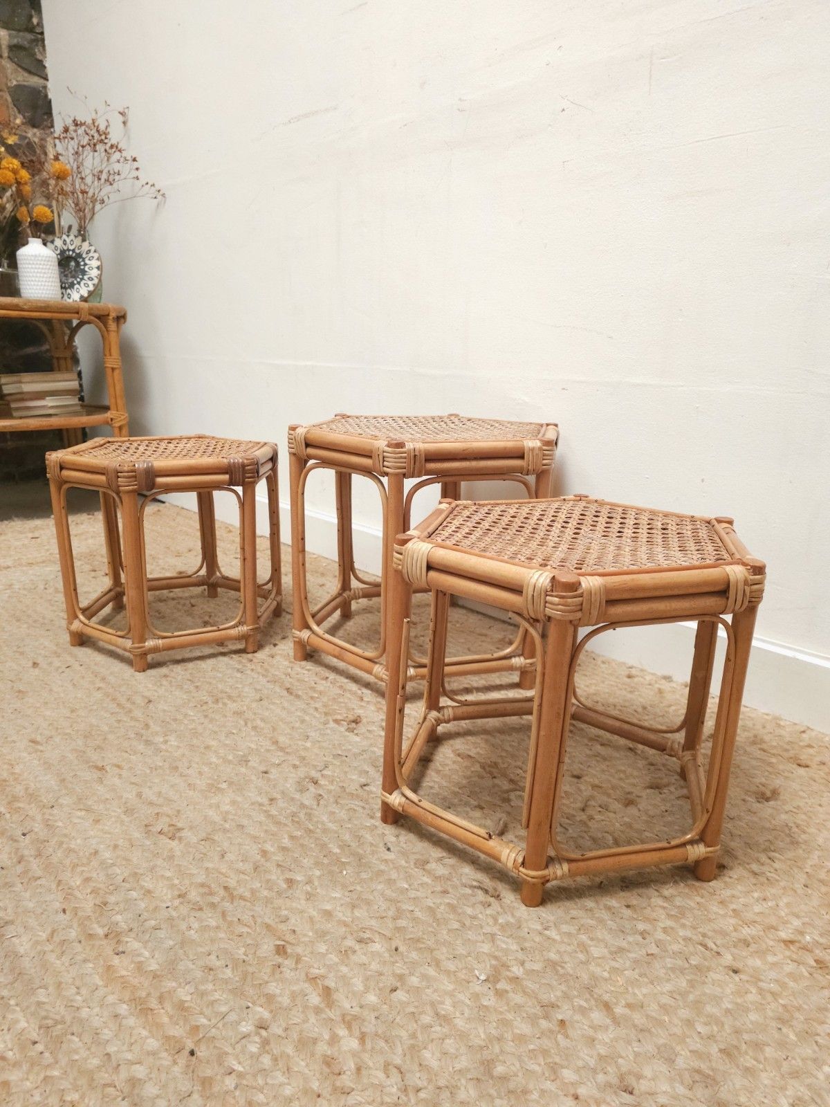 Retro Bamboo Nest Of Coffee Tables Mid Century Original 1970s Vintage Delivery photo 105.0