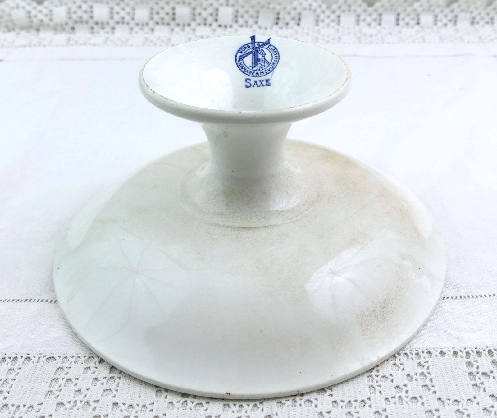 Antiek Frans Blauw Wit Porseleinen Compoteschaal – Moulin Des Loups, Saxe Model – Vintage Victoriaans Aardewerk Op Voetstuk photo vinterior