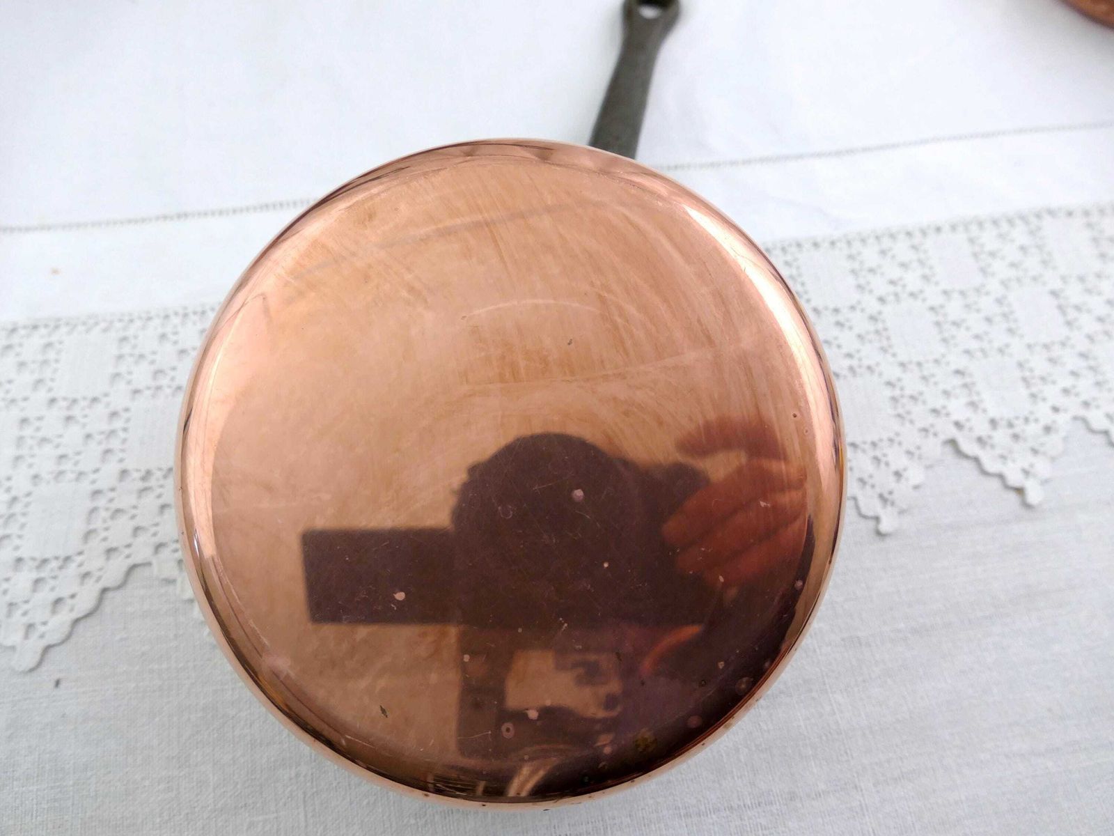 Vintage French Copper Saucepan Pan Set Of 5 Made In France Tin 1mm 7lbs, Retro Traditional Cuisine Kitchen, Old Style Cooking Europe photo vinterior