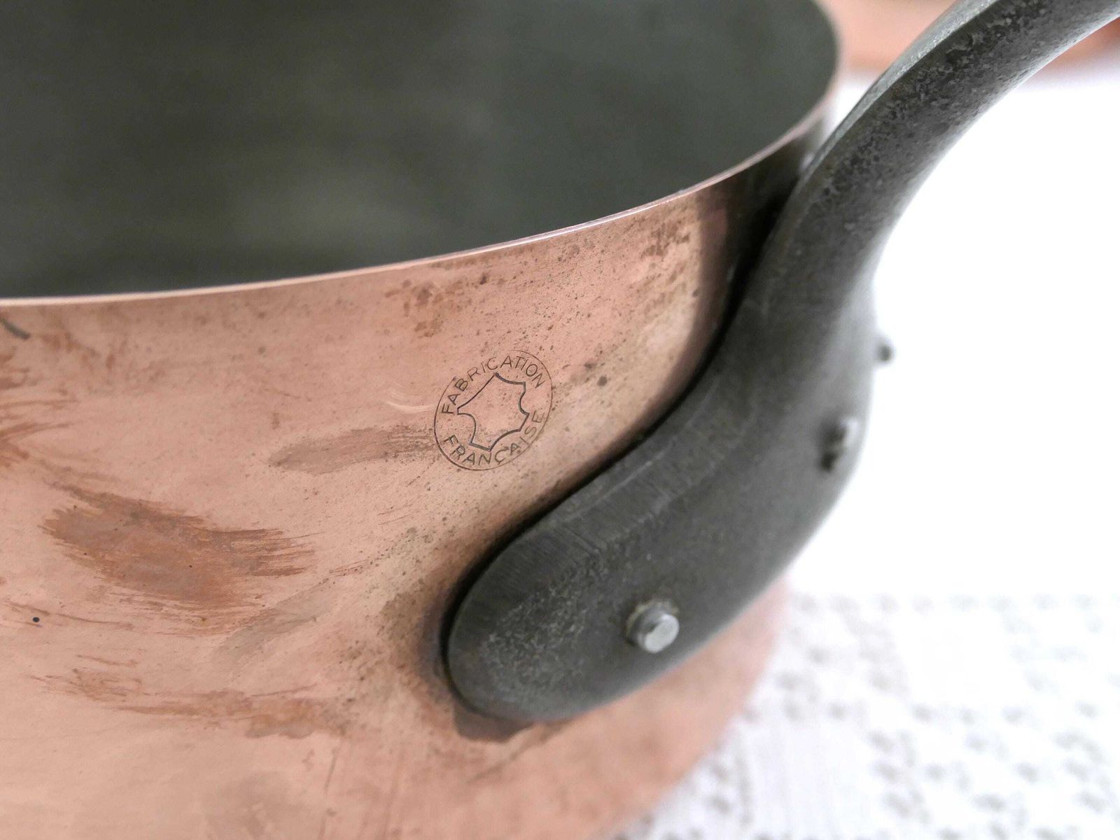 photo vinterior Vintage French Copper Saucepan Pan Set Of 5 Made In France Tin 1mm 7lbs, Retro Traditional Cuisine Kitchen, Old Style Cooking Europe