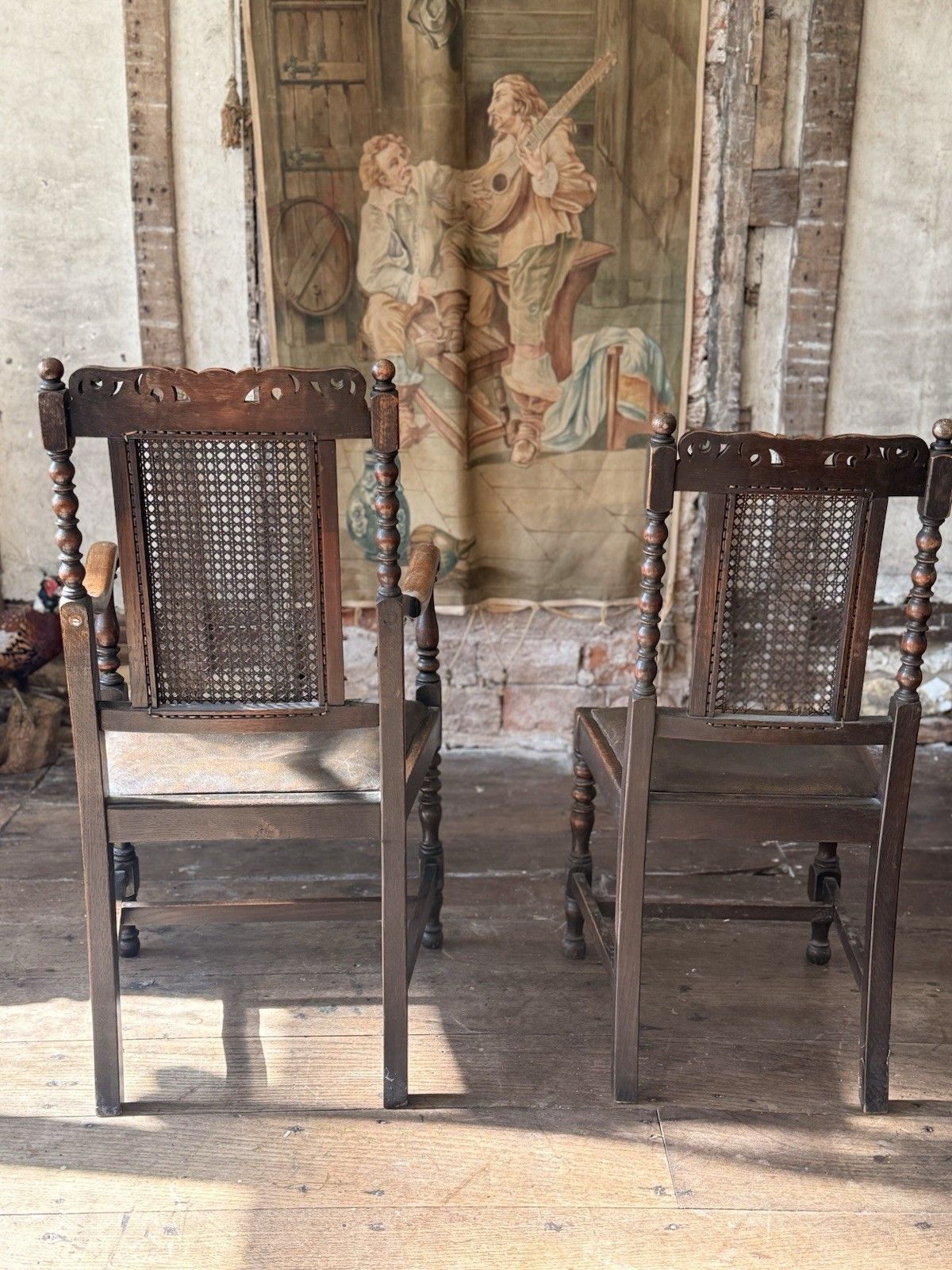 photo for sale Pair Antique Oak Drop In Brown Leather Cane William And Mary Chairs Chair  X  2