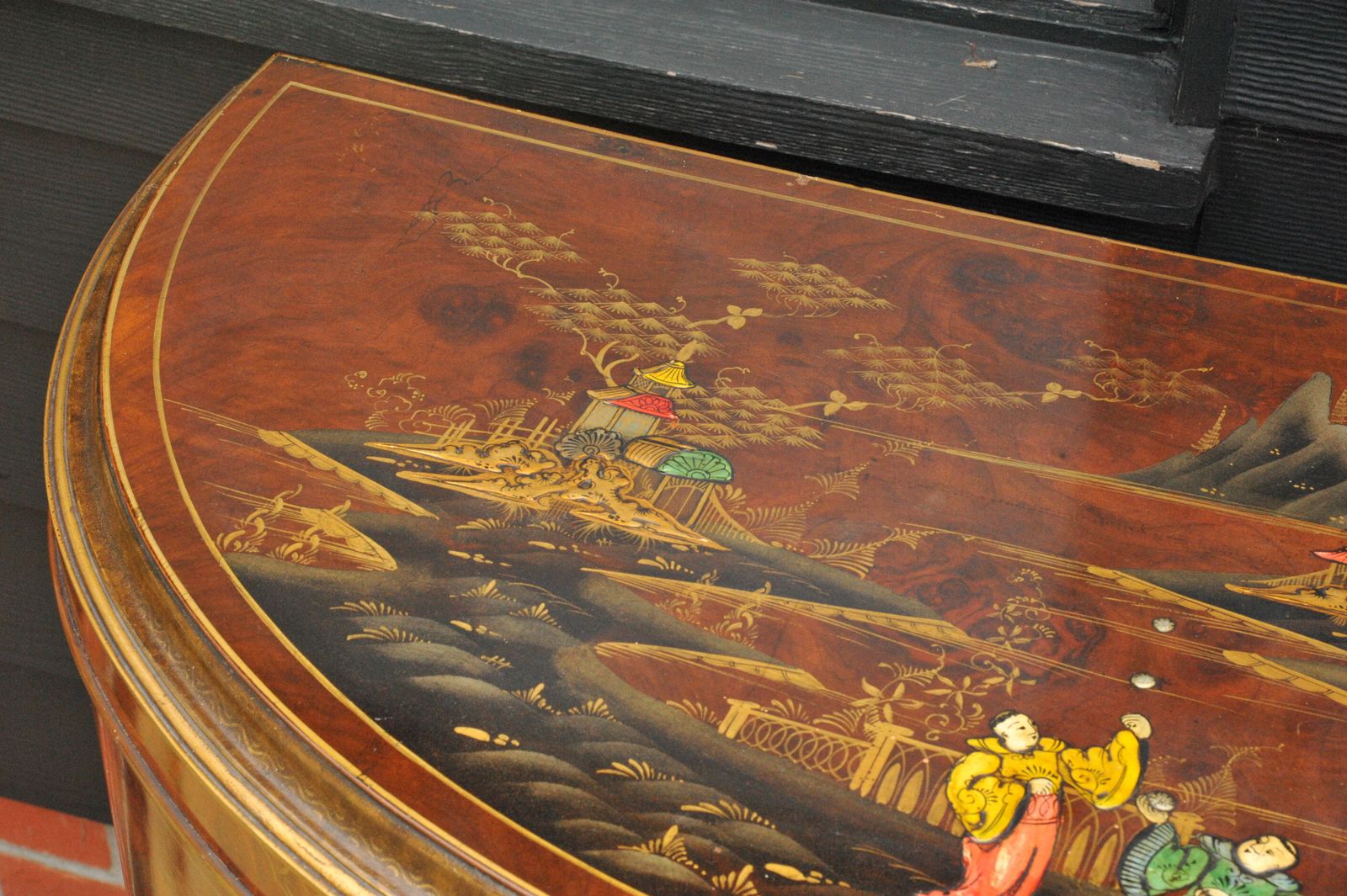 Antique C.1910 Chinoiserie Demi Lune Cabinet Hand Painted Gilt Asian Decor photo vinterior